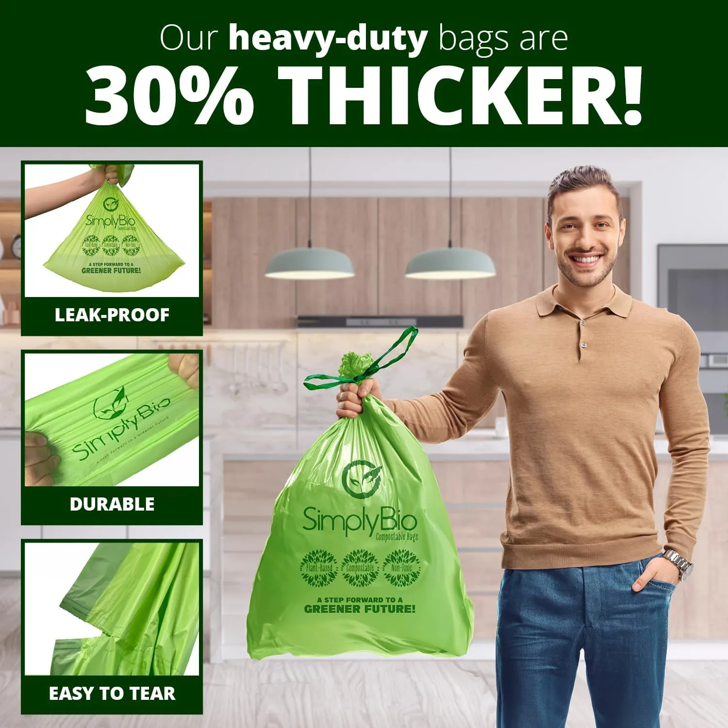 13 Gallon Compostable Trash Bags Liners Drawstring, Heavy Duty Extra Thick 1 Mil, 49.21 Liter, 30 Bags, Tall Kitchen Food Scrap Waste Bag, ASTM D6400, US BPI and OK Compost Home Certified