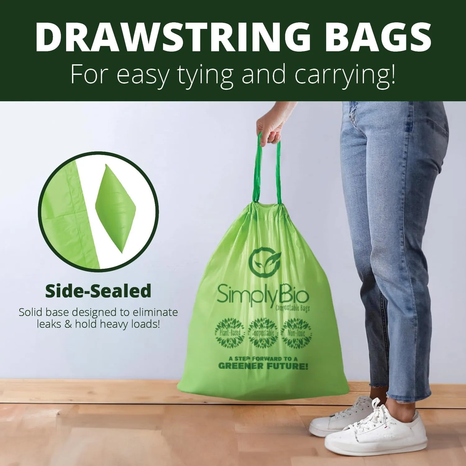13 Gallon Compostable Trash Bags Liners Drawstring, Heavy Duty Extra Thick 1 Mil, 49.21 Liter, 30 Bags, Tall Kitchen Food Scrap Waste Bag, ASTM D6400, US BPI and OK Compost Home Certified