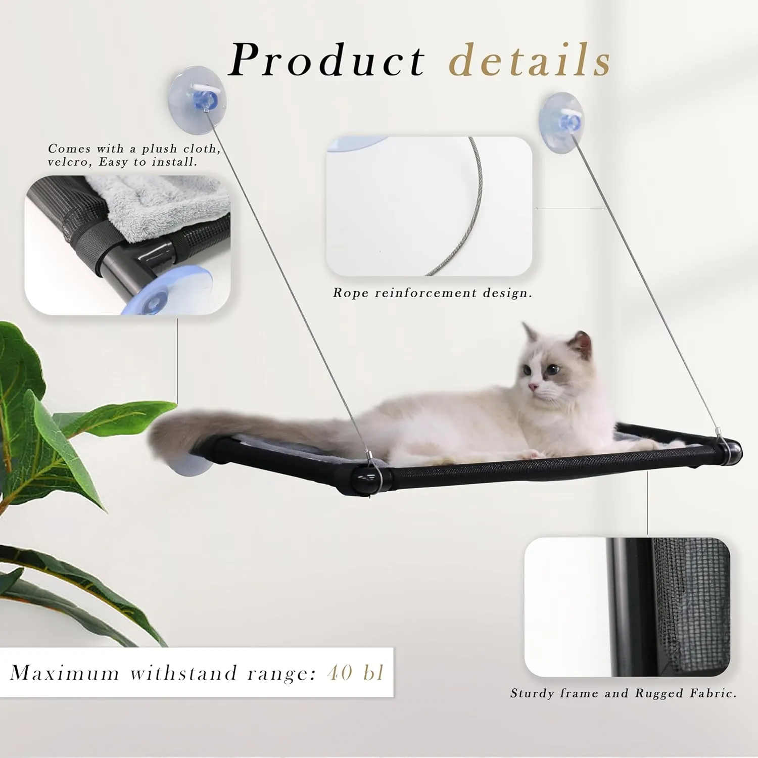 2 Pack Cat Hammock for Window Wall with 8 Suction Cups 2 Cushion Cover,Cat Window Perch, Space Saving and Easy Mounted Large Cats Bed,Pet Resting Safety Holds (Black, Medium)
