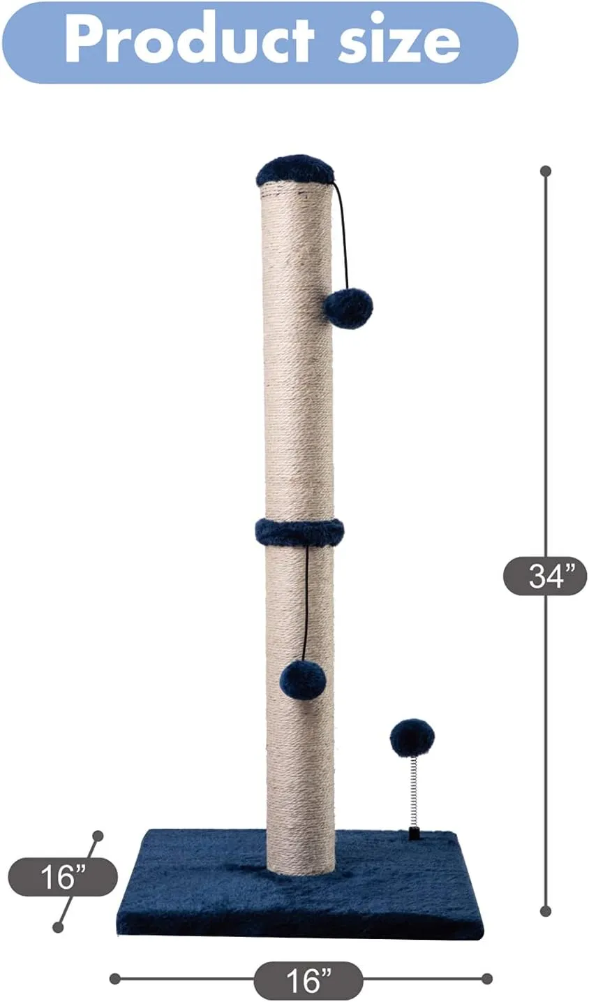 34 Tall Cat Scratching Post Premium Basics Kitten Scratcher Sisal Scratch Posts Trees with Hanging Ball for Indoor Cats, Navy