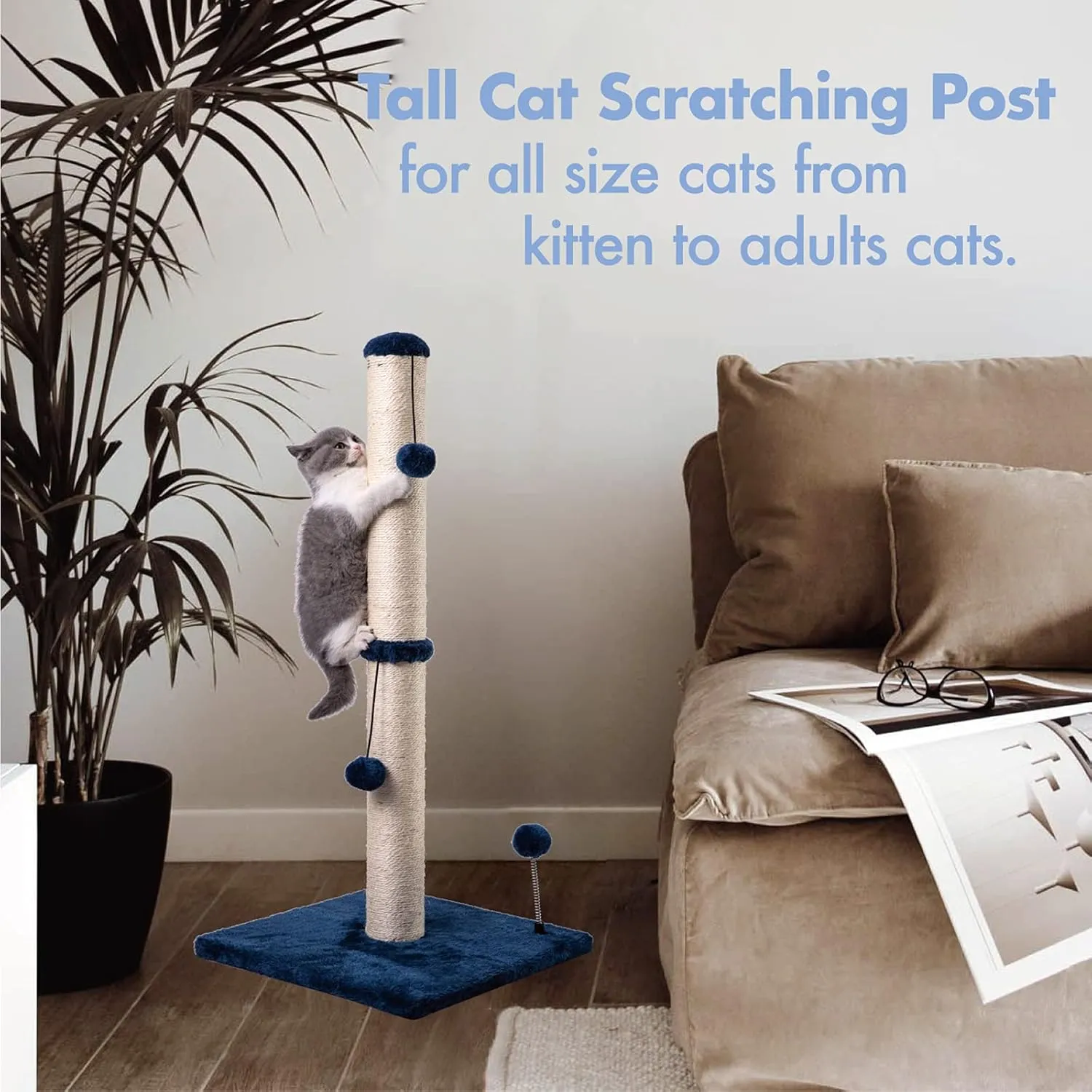34 Tall Cat Scratching Post Premium Basics Kitten Scratcher Sisal Scratch Posts Trees with Hanging Ball for Indoor Cats, Navy