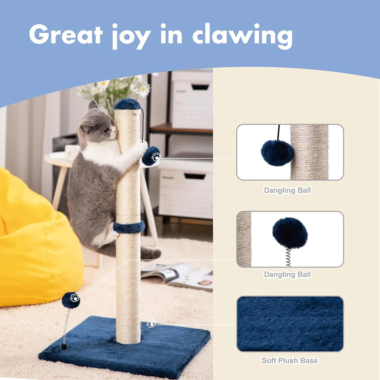 34 Tall Cat Scratching Post Premium Basics Kitten Scratcher Sisal Scratch Posts Trees with Hanging Ball for Indoor Cats, Navy