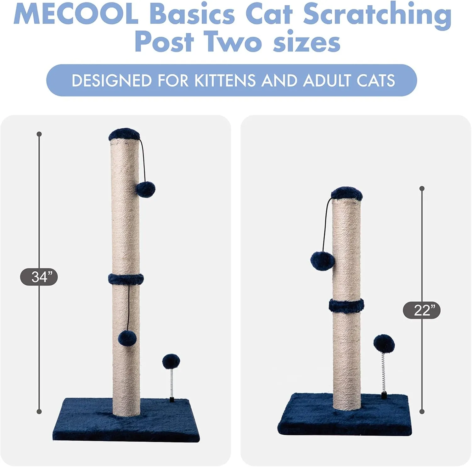 34 Tall Cat Scratching Post Premium Basics Kitten Scratcher Sisal Scratch Posts Trees with Hanging Ball for Indoor Cats, Navy