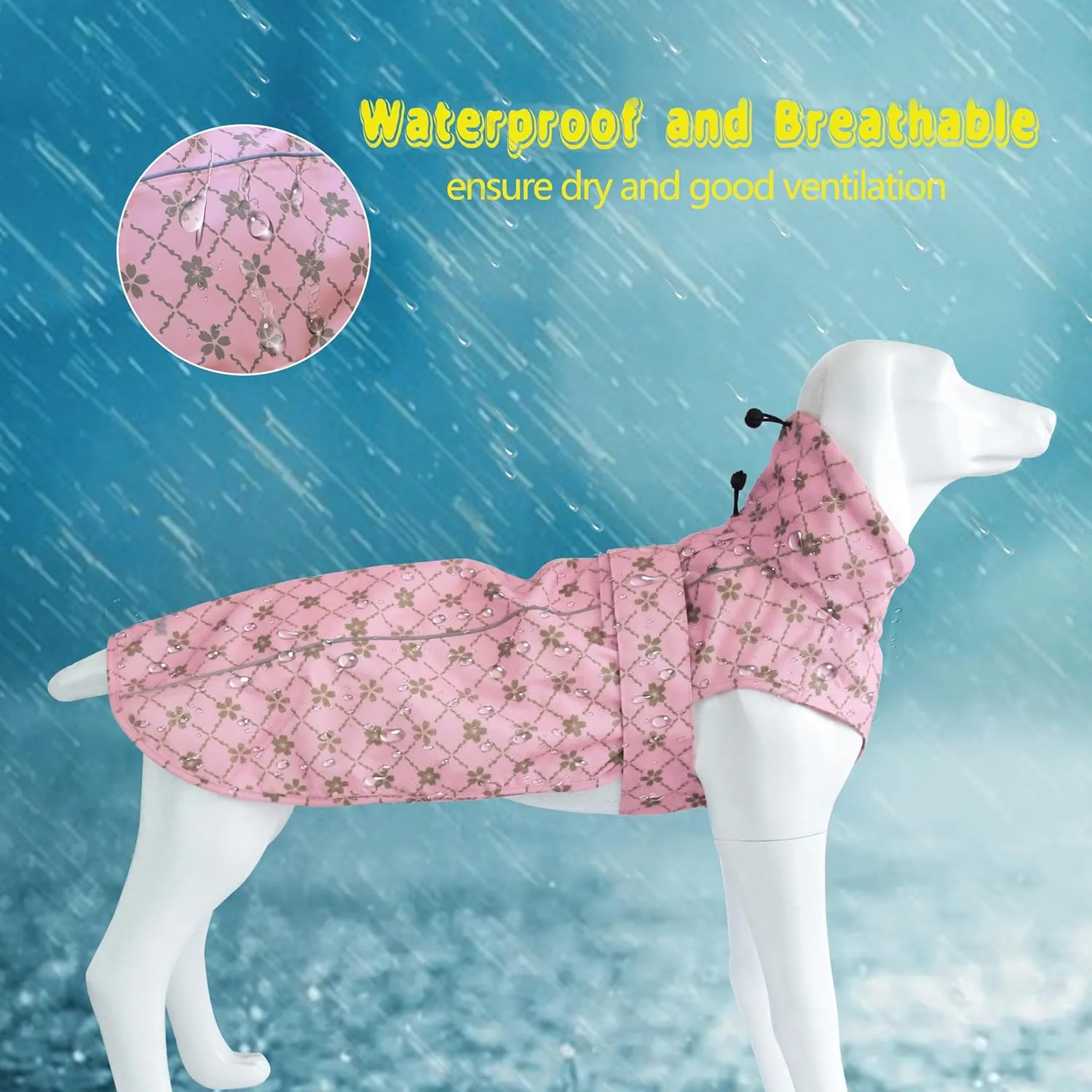 Adjustable Waterproof Dog Raincoat for Dogs,Lightweight Pet Rain Jacket Puppy Clothes with Reflective Strip for Small Medium Large Dogs(Medium,Gold Cheery Blossoms Pink)