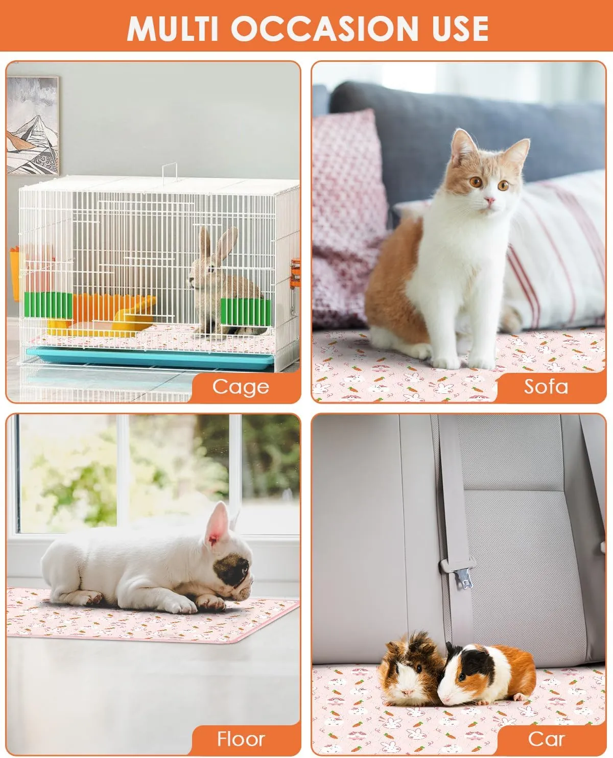 Bissap 4 Packs Guinea Pig Cage Liners, 47''X24'' Washable Guinea Pig Pee Pads Non Slip Reusable Fast and Super Absorbent Bedding for Small Animals Rabbit Hamster Chinchillas Rat - Pink