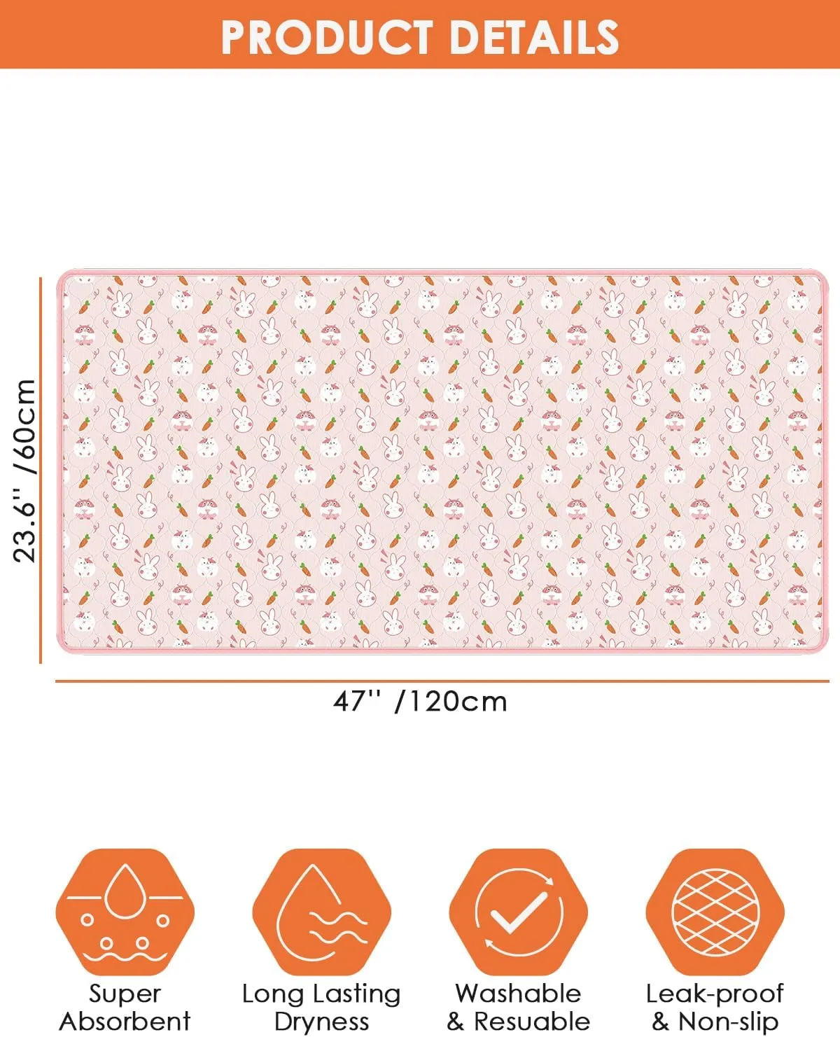 Bissap 4 Packs Guinea Pig Cage Liners, 47''X24'' Washable Guinea Pig Pee Pads Non Slip Reusable Fast and Super Absorbent Bedding for Small Animals Rabbit Hamster Chinchillas Rat - Pink
