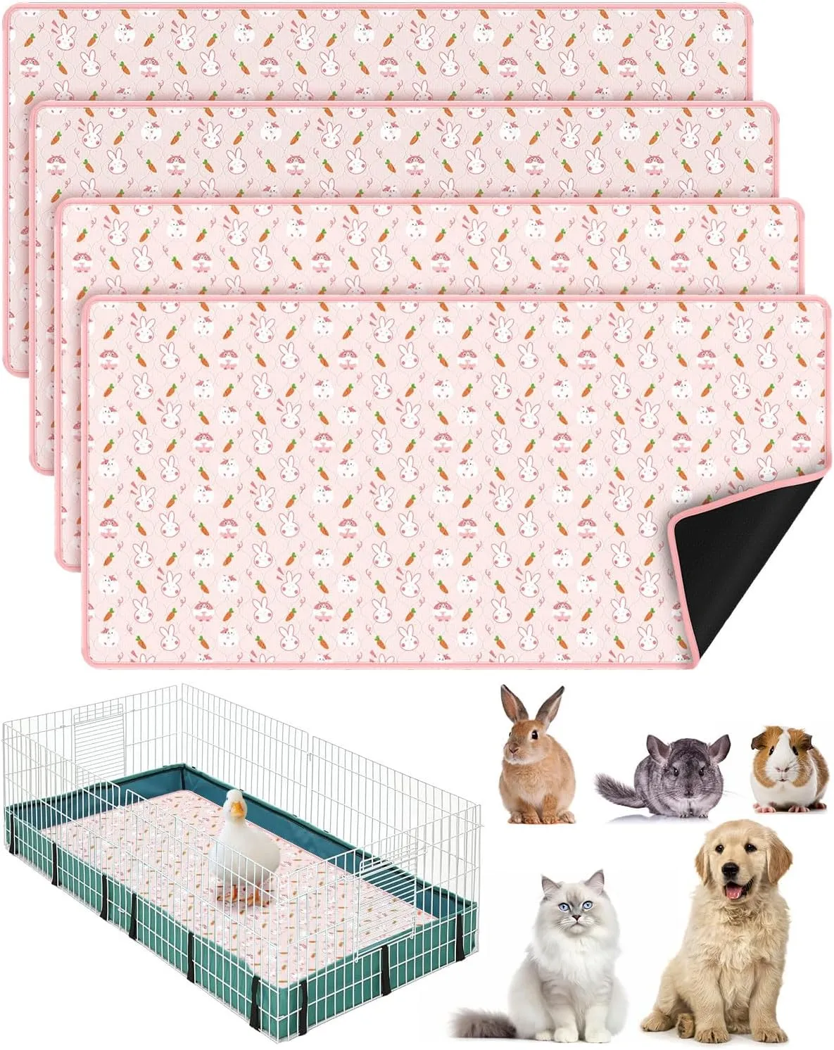 Bissap 4 Packs Guinea Pig Cage Liners, 47''X24'' Washable Guinea Pig Pee Pads Non Slip Reusable Fast and Super Absorbent Bedding for Small Animals Rabbit Hamster Chinchillas Rat - Pink