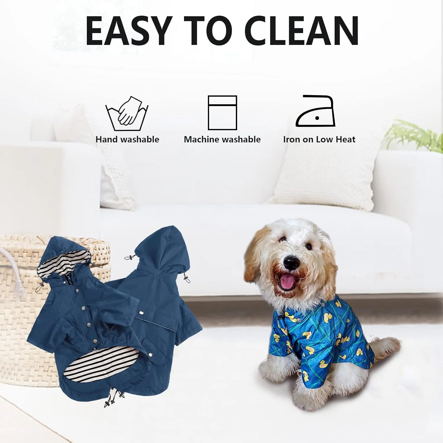 Dog Zip Up Raincoat with Reflective Buttons, Rain/Water Resistant, Adjustable Drawstring, Removable Hood, Raincoats with Legs 8lbs to 80lbs Available - Dark Blue - Small