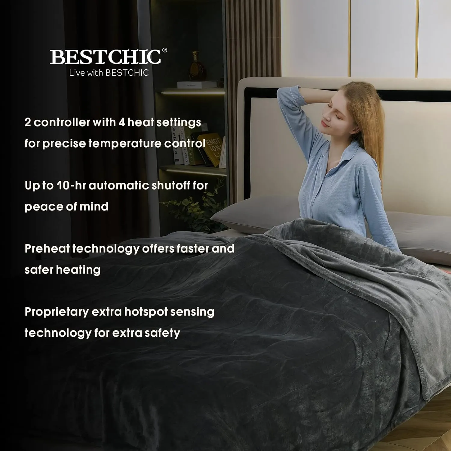Electric Heated Blanket Queen Size 84" x 90", Fast Heating Blanket 100% Polyester Soft Flannel, 4 Heating Levels 10 Hours Auto-Off, ETL Certified Dual Controllers, Machine Washable (Grey)