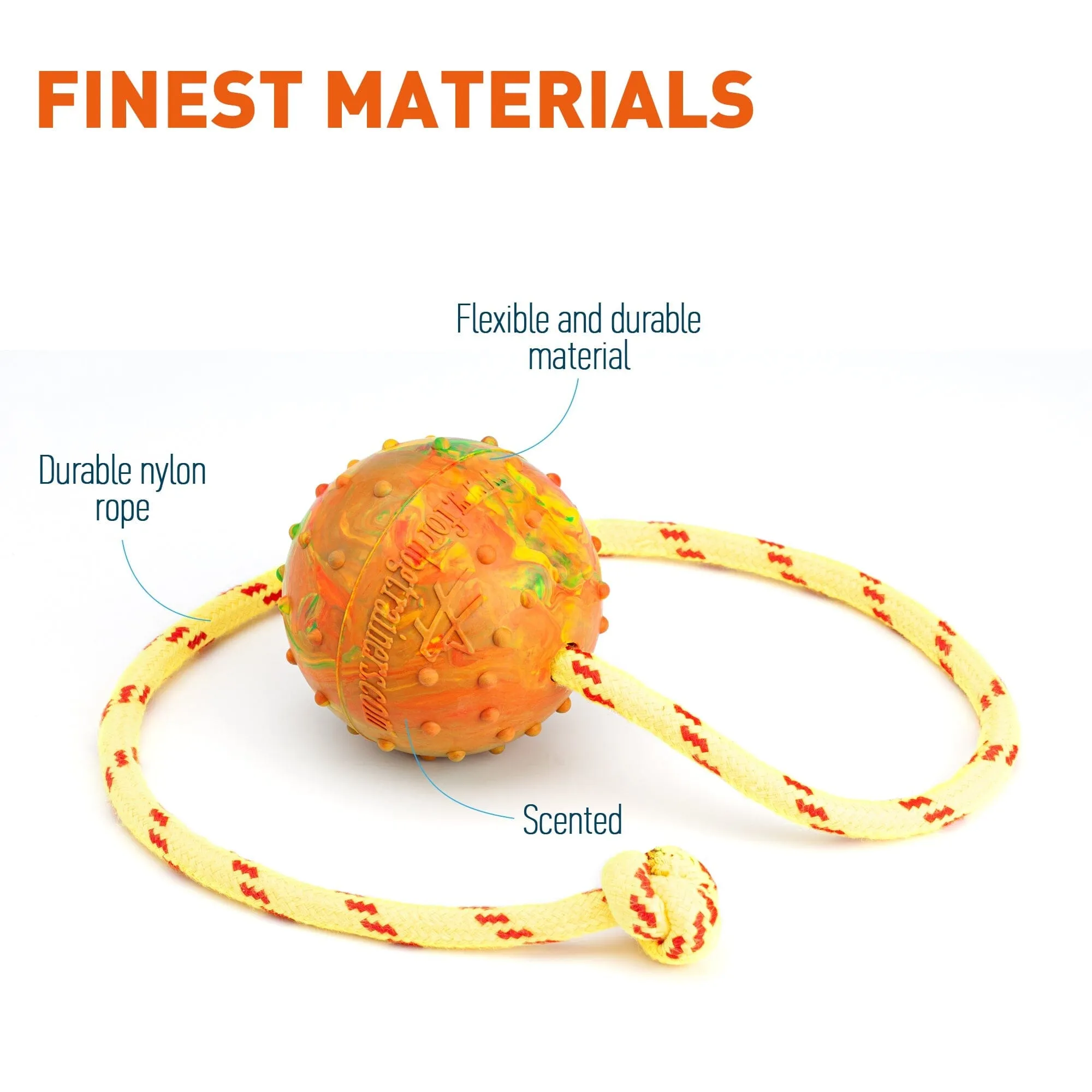 FDT Solid Rubber Dog Ball on Rope, Large - Diameter 2.75" (7 cm)