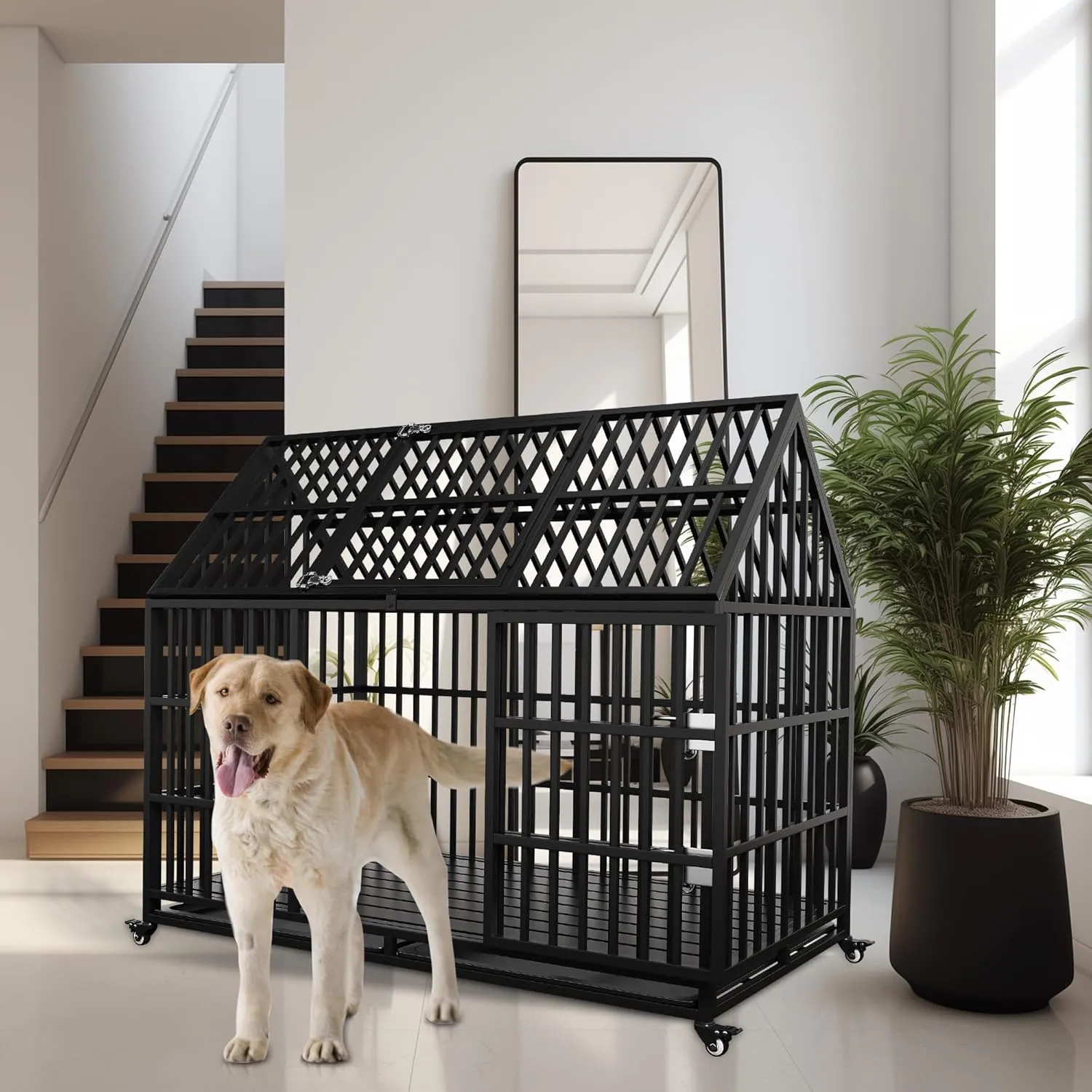 Heavy Duty Dog Crate 54 Inch Dog Pet Cage Kennel Escape Proof with Roof Top Open 4 Wheels, Locks 2 Doors, Removable Trays for High Anxiety Extra Large XL XXL Dogs Breeds Great Dane Mastiff Bernard