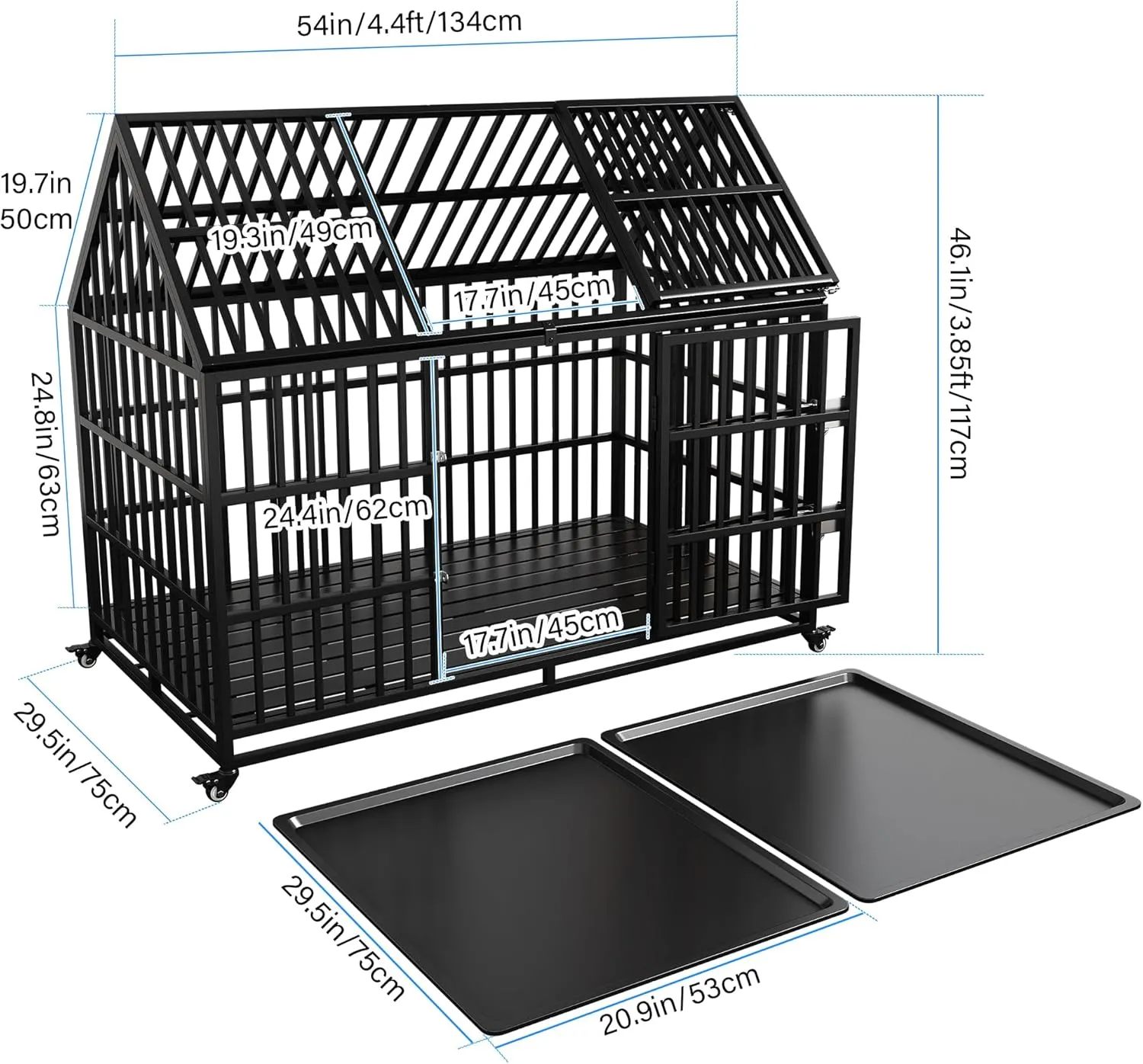 Heavy Duty Dog Crate 54 Inch Dog Pet Cage Kennel Escape Proof with Roof Top Open 4 Wheels, Locks 2 Doors, Removable Trays for High Anxiety Extra Large XL XXL Dogs Breeds Great Dane Mastiff Bernard