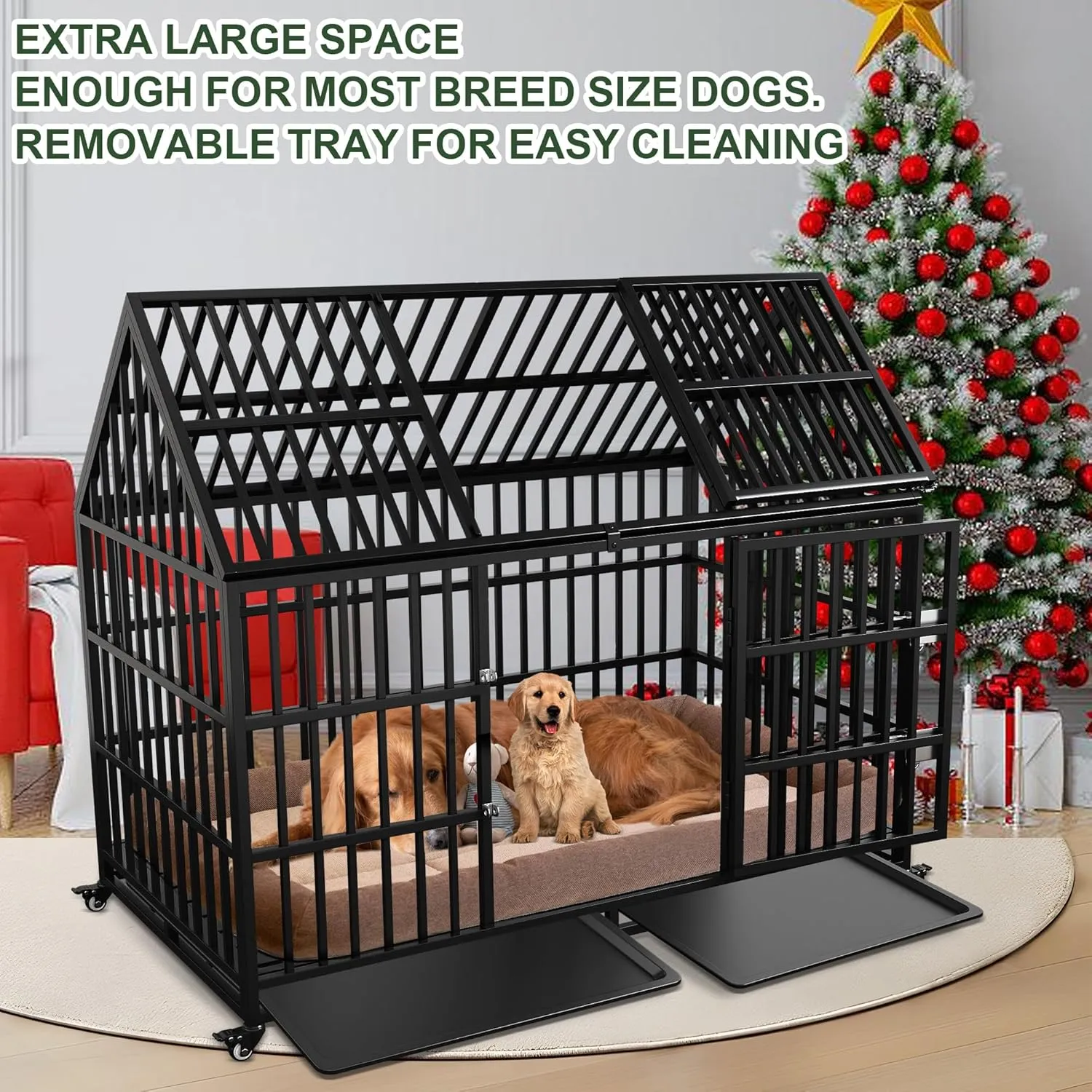 Heavy Duty Dog Crate 54 Inch Dog Pet Cage Kennel Escape Proof with Roof Top Open 4 Wheels, Locks 2 Doors, Removable Trays for High Anxiety Extra Large XL XXL Dogs Breeds Great Dane Mastiff Bernard