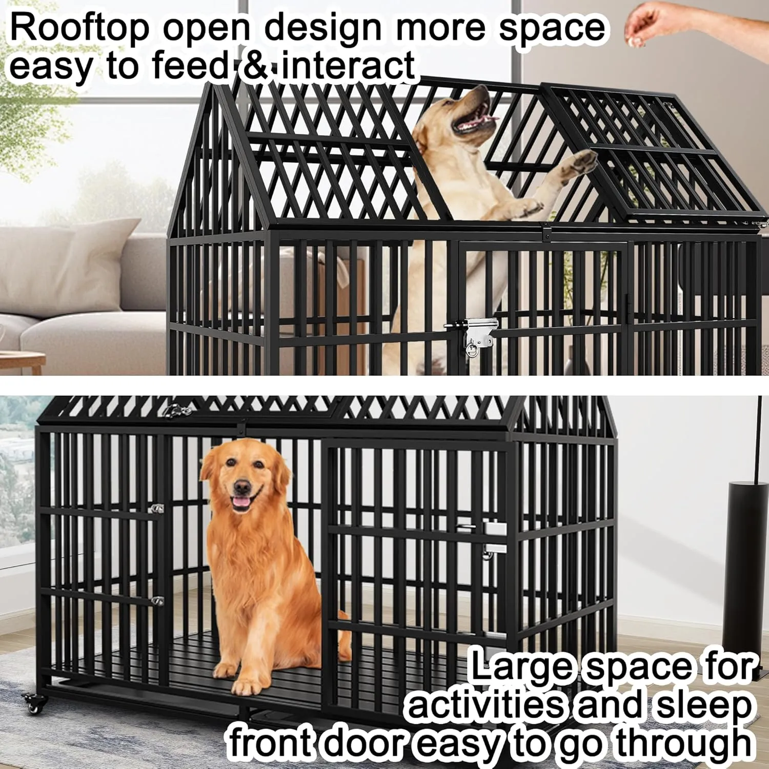 Heavy Duty Dog Crate 54 Inch Dog Pet Cage Kennel Escape Proof with Roof Top Open 4 Wheels, Locks 2 Doors, Removable Trays for High Anxiety Extra Large XL XXL Dogs Breeds Great Dane Mastiff Bernard
