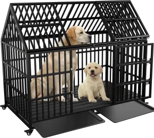 Heavy Duty Dog Crate 54 Inch Dog Pet Cage Kennel Escape Proof with Roof Top Open 4 Wheels, Locks 2 Doors, Removable Trays for High Anxiety Extra Large XL XXL Dogs Breeds Great Dane Mastiff Bernard