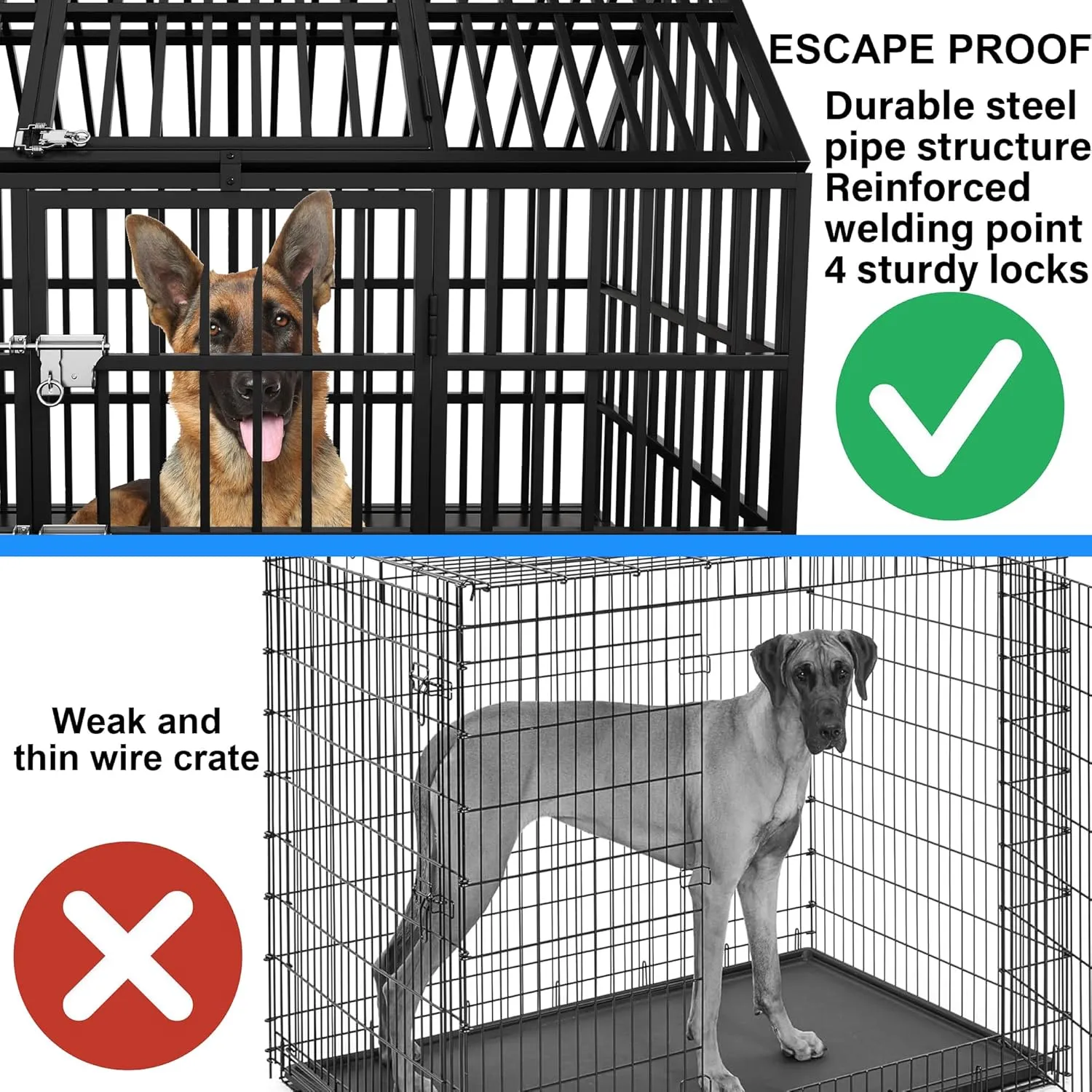 Heavy Duty Dog Crate 54 Inch Dog Pet Cage Kennel Escape Proof with Roof Top Open 4 Wheels, Locks 2 Doors, Removable Trays for High Anxiety Extra Large XL XXL Dogs Breeds Great Dane Mastiff Bernard