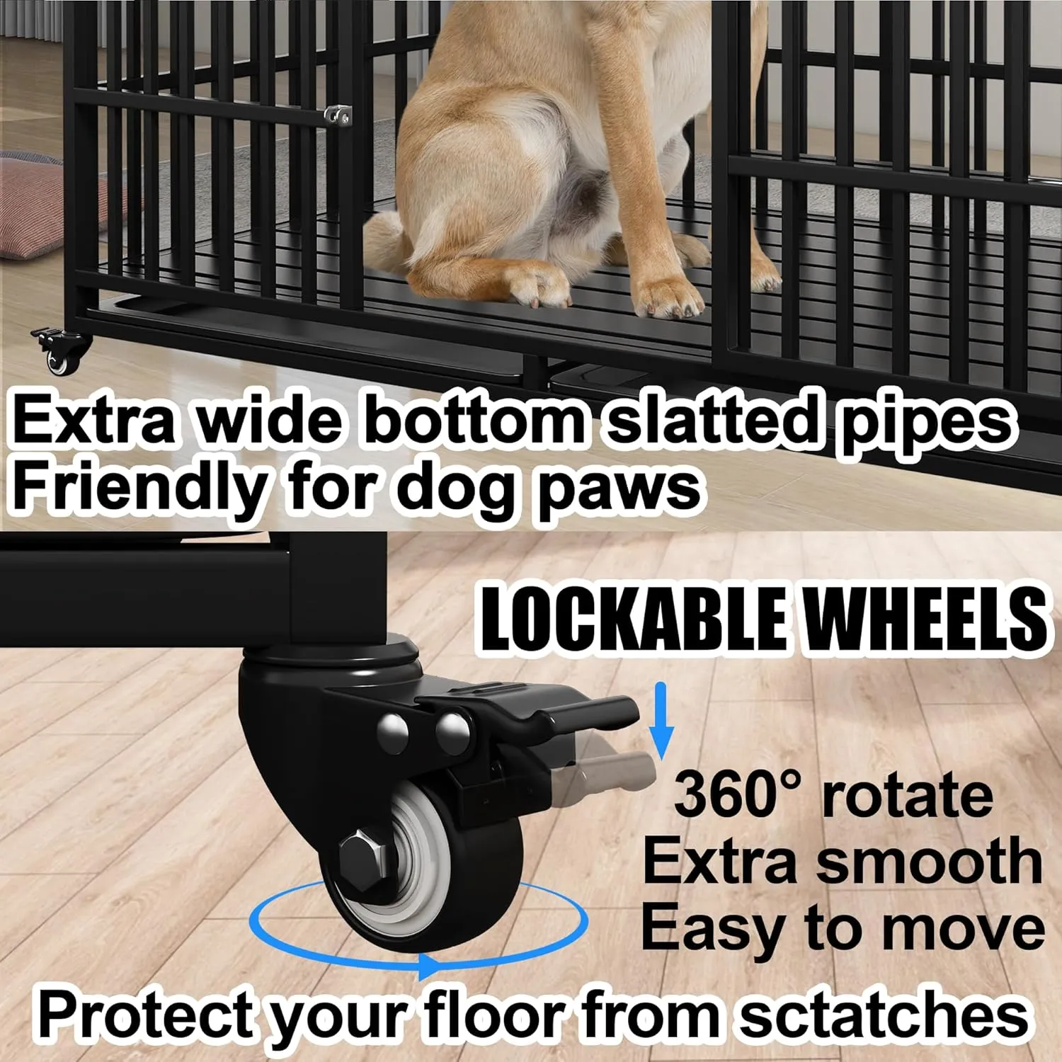 Heavy Duty Dog Crate 54 Inch Dog Pet Cage Kennel Escape Proof with Roof Top Open 4 Wheels, Locks 2 Doors, Removable Trays for High Anxiety Extra Large XL XXL Dogs Breeds Great Dane Mastiff Bernard