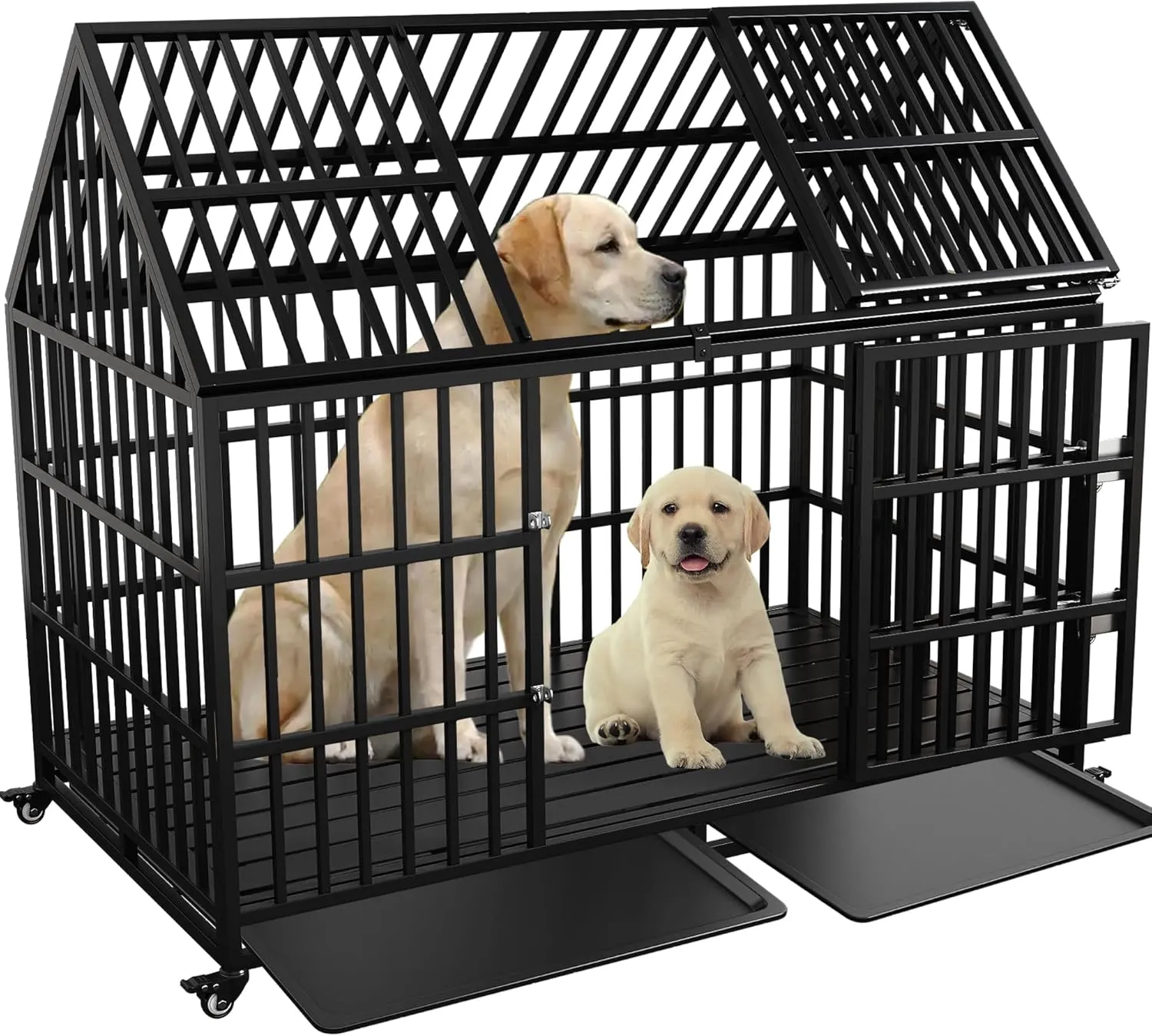 Heavy Duty Dog Crate 54 Inch Dog Pet Cage Kennel Escape Proof with Roof Top Open 4 Wheels, Locks 2 Doors, Removable Trays for High Anxiety Extra Large XL XXL Dogs Breeds Great Dane Mastiff Bernard