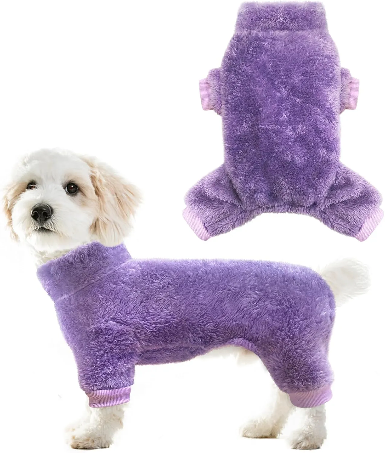 Idepet Fuzzy Velvet Dog Pajamas, Plush Dog Sweater Onesie Soft Pet Clothes Winter Outfit Doggy Pjs Puppy Jumpsuit, Cat Coat (X-Large, Purple)