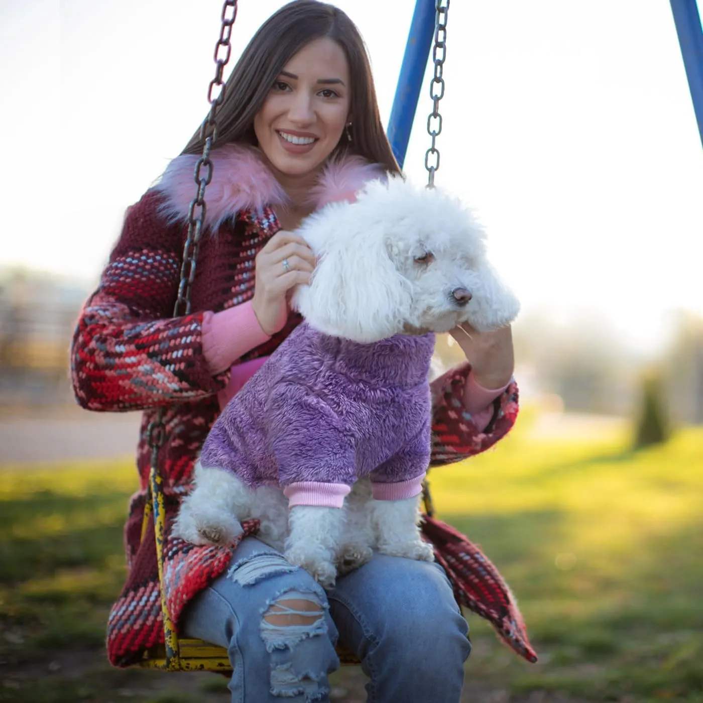 Idepet Fuzzy Velvet Dog Pajamas, Plush Dog Sweater Onesie Soft Pet Clothes Winter Outfit Doggy Pjs Puppy Jumpsuit, Cat Coat (X-Large, Purple)