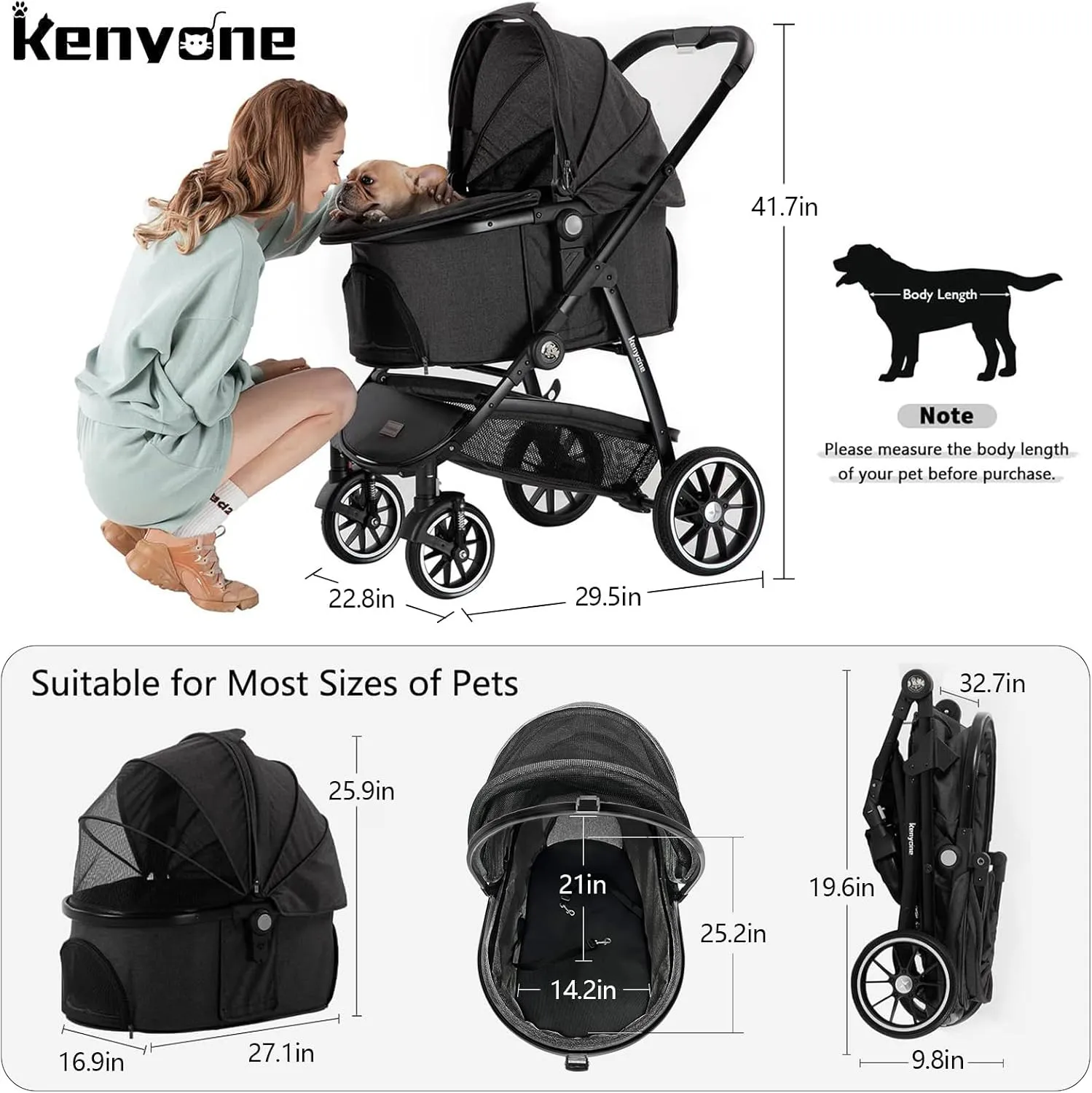 Kenyone Pet Stroller 3 in 1 Dog Stroller for Medium Small Size Dogs, Large Cat Stroller with Detachable Carrier for Puppies, Doggies, Kitties, Bunnies (C510 Black)