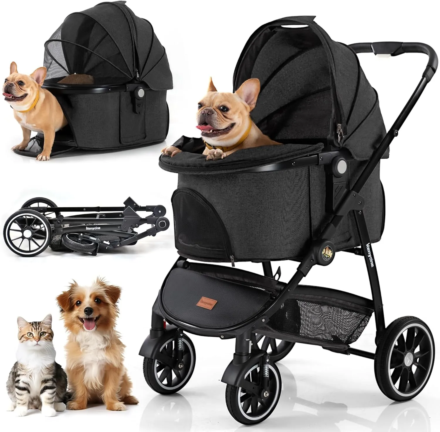 Kenyone Pet Stroller 3 in 1 Dog Stroller for Medium Small Size Dogs, Large Cat Stroller with Detachable Carrier for Puppies, Doggies, Kitties, Bunnies (C510 Black)