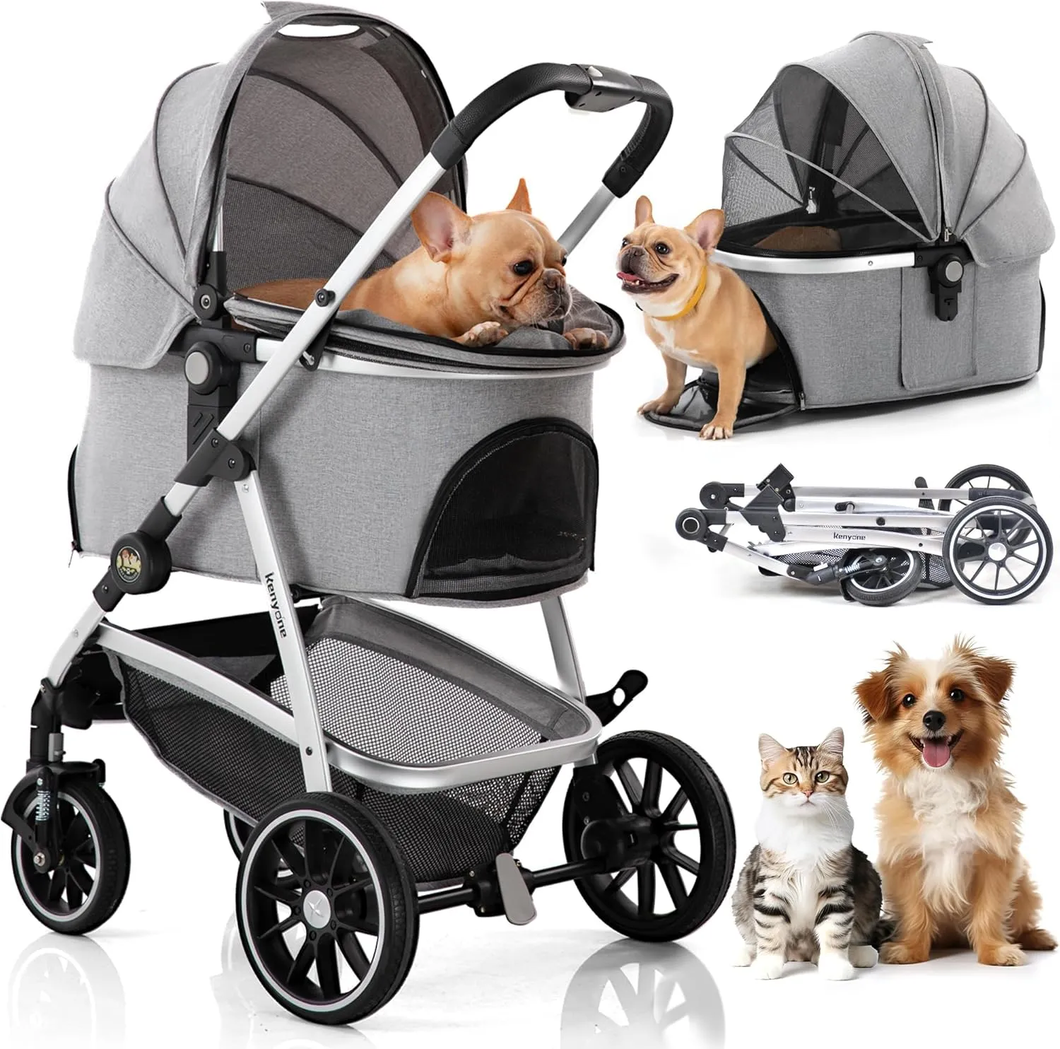 Kenyone Pet Stroller 3 in 1 Dog Stroller for Medium Small Size Dogs, Large Cat Stroller with Detachable Carrier for Puppies, Doggies, Kitties, Bunnies (C510 Gray)