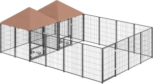 PawHut Dog Kennel Outside with 2 Rooms, Large Outdoor Dog Kennel Run with Rotating & Adjustable Height Bowls, Waterproof & UV-Resistant Canopy, Welded Wire Pet Enclosure Playpen, 13.5' x 9.4' x 5.1'