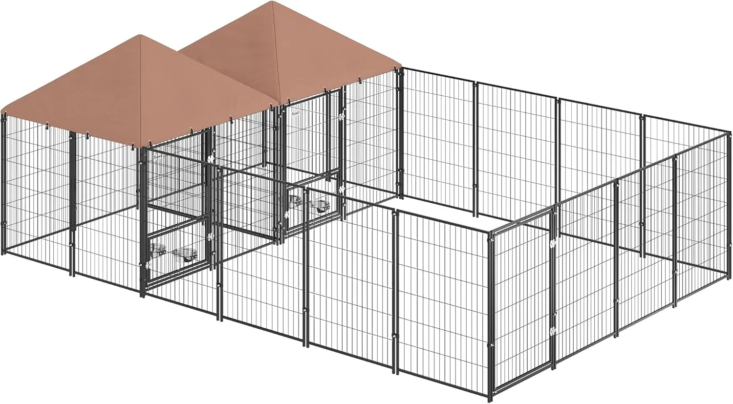 PawHut Dog Kennel Outside with 2 Rooms, Large Outdoor Dog Kennel Run with Rotating & Adjustable Height Bowls, Waterproof & UV-Resistant Canopy, Welded Wire Pet Enclosure Playpen, 13.5' x 9.4' x 5.1'