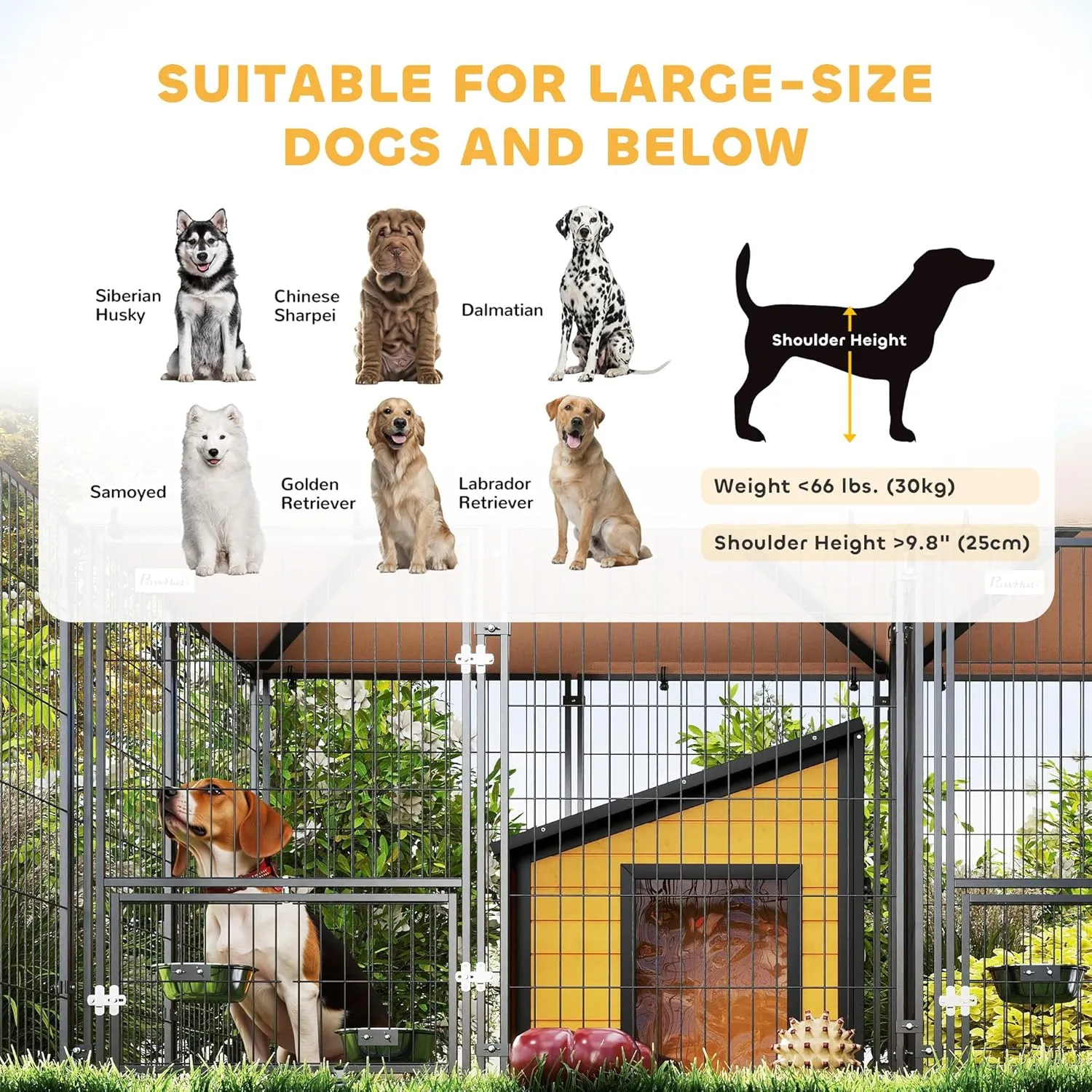 PawHut Dog Kennel Outside with 2 Rooms, Large Outdoor Dog Kennel Run with Rotating & Adjustable Height Bowls, Waterproof & UV-Resistant Canopy, Welded Wire Pet Enclosure Playpen, 13.5' x 9.4' x 5.1'