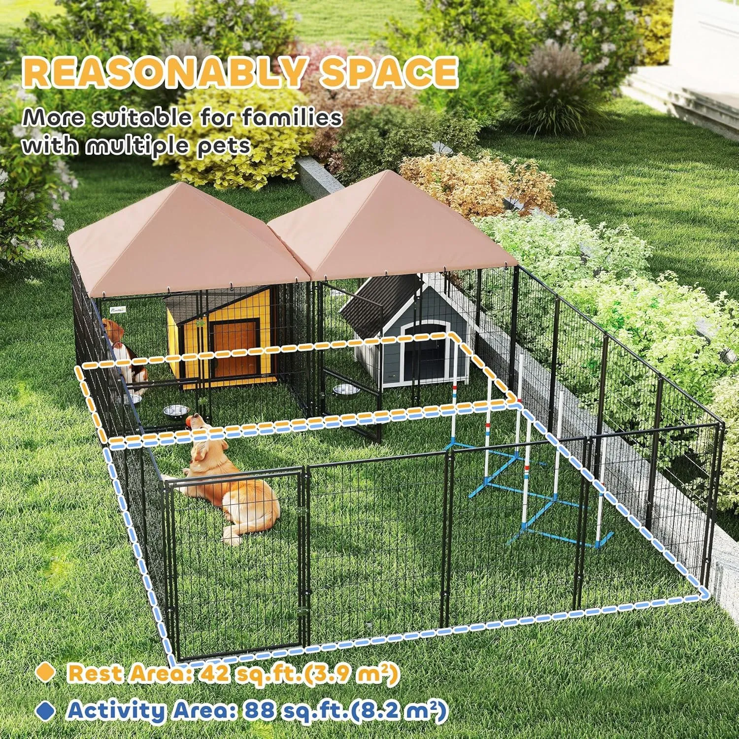 PawHut Dog Kennel Outside with 2 Rooms, Large Outdoor Dog Kennel Run with Rotating & Adjustable Height Bowls, Waterproof & UV-Resistant Canopy, Welded Wire Pet Enclosure Playpen, 13.5' x 9.4' x 5.1'