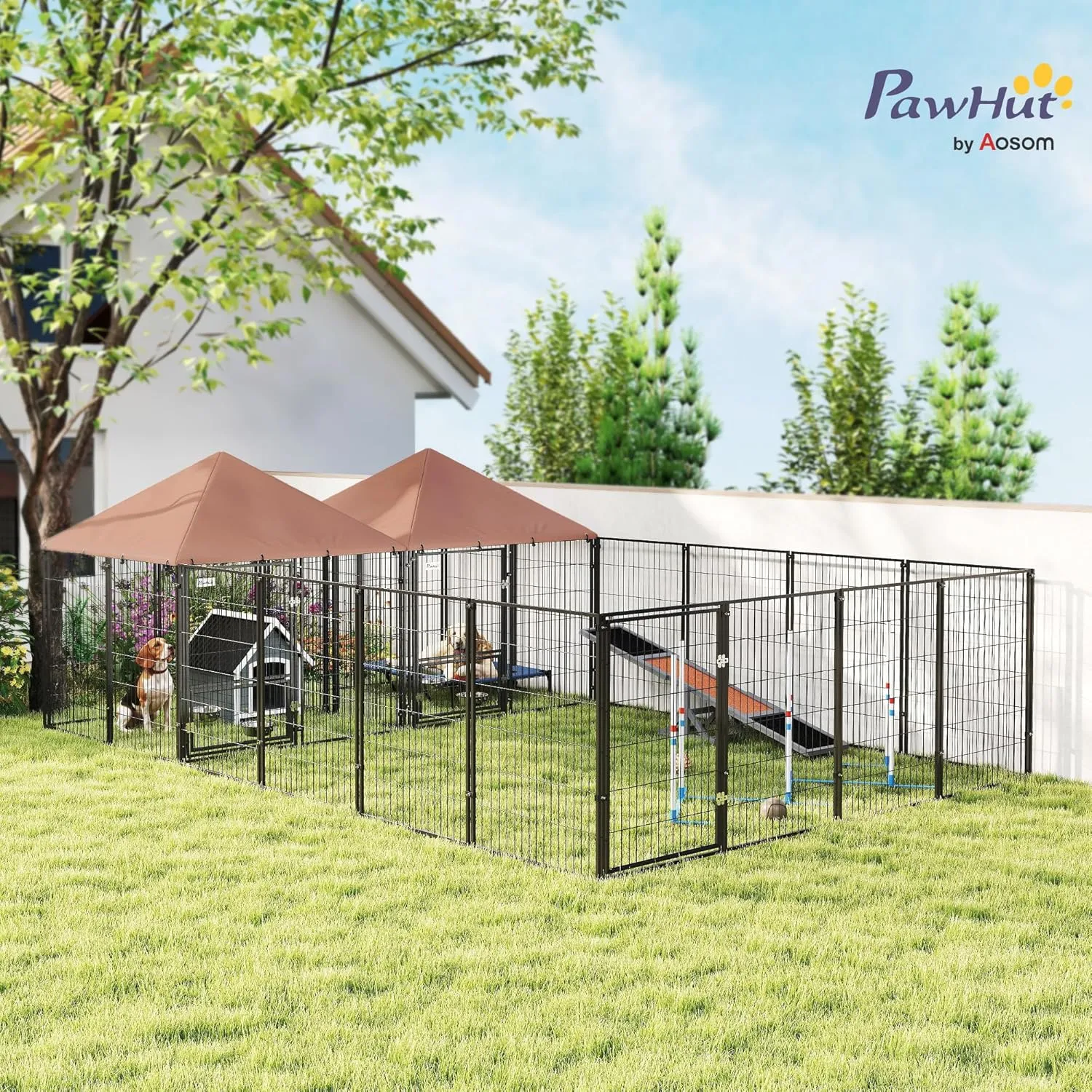 PawHut Dog Kennel Outside with 2 Rooms, Large Outdoor Dog Kennel Run with Rotating & Adjustable Height Bowls, Waterproof & UV-Resistant Canopy, Welded Wire Pet Enclosure Playpen, 13.5' x 9.4' x 5.1'