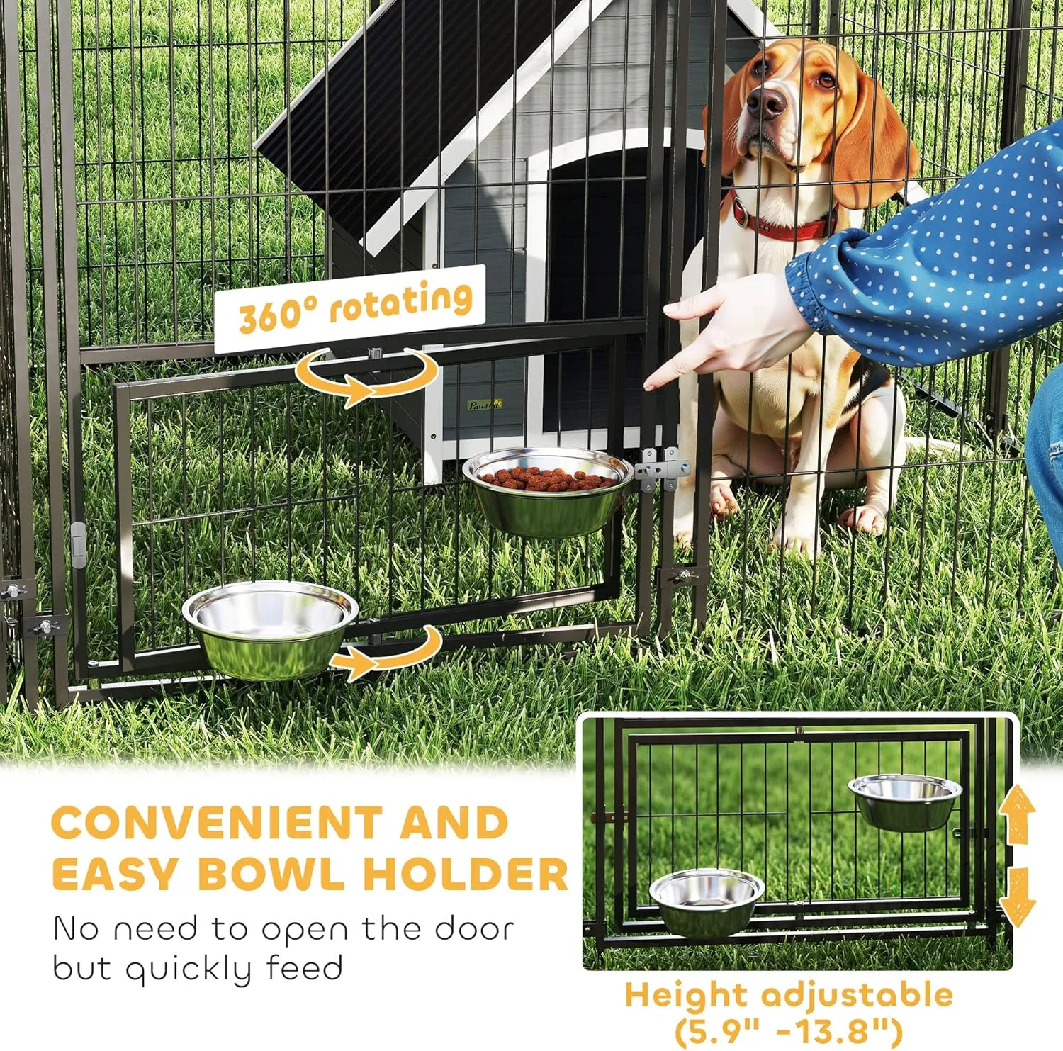 PawHut Dog Kennel Outside with 2 Rooms, Large Outdoor Dog Kennel Run with Rotating & Adjustable Height Bowls, Waterproof & UV-Resistant Canopy, Welded Wire Pet Enclosure Playpen, 13.5' x 9.4' x 5.1'