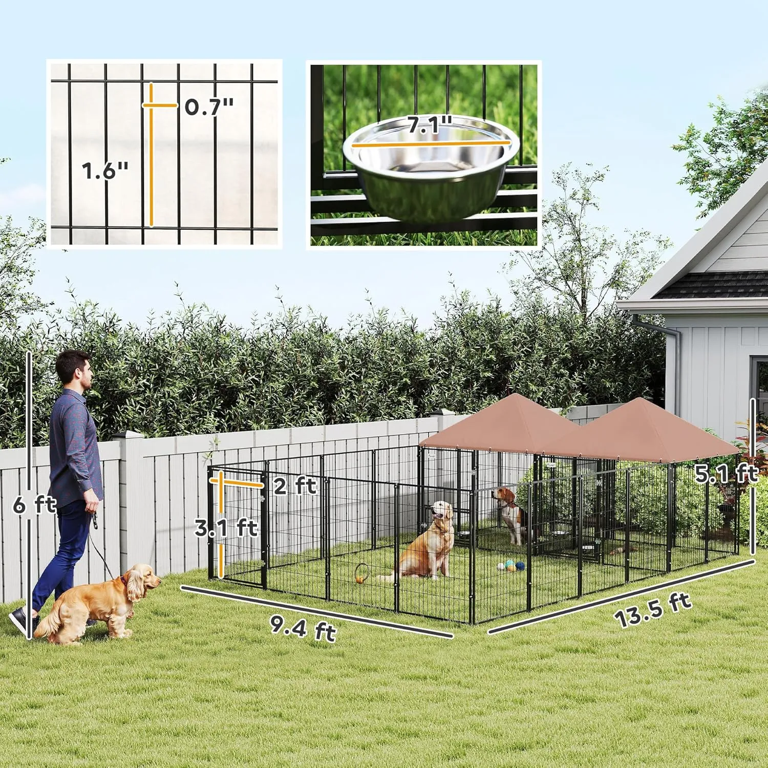 PawHut Dog Kennel Outside with 2 Rooms, Large Outdoor Dog Kennel Run with Rotating & Adjustable Height Bowls, Waterproof & UV-Resistant Canopy, Welded Wire Pet Enclosure Playpen, 13.5' x 9.4' x 5.1'