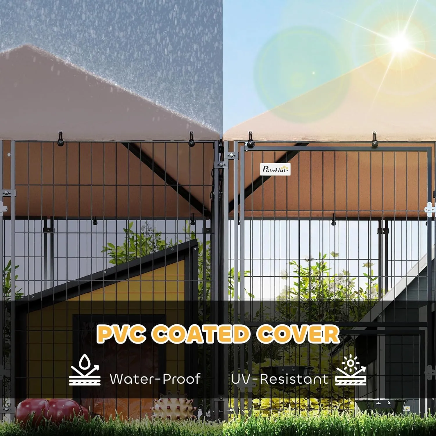 PawHut Dog Kennel Outside with 2 Rooms, Large Outdoor Dog Kennel Run with Rotating & Adjustable Height Bowls, Waterproof & UV-Resistant Canopy, Welded Wire Pet Enclosure Playpen, 13.5' x 9.4' x 5.1'