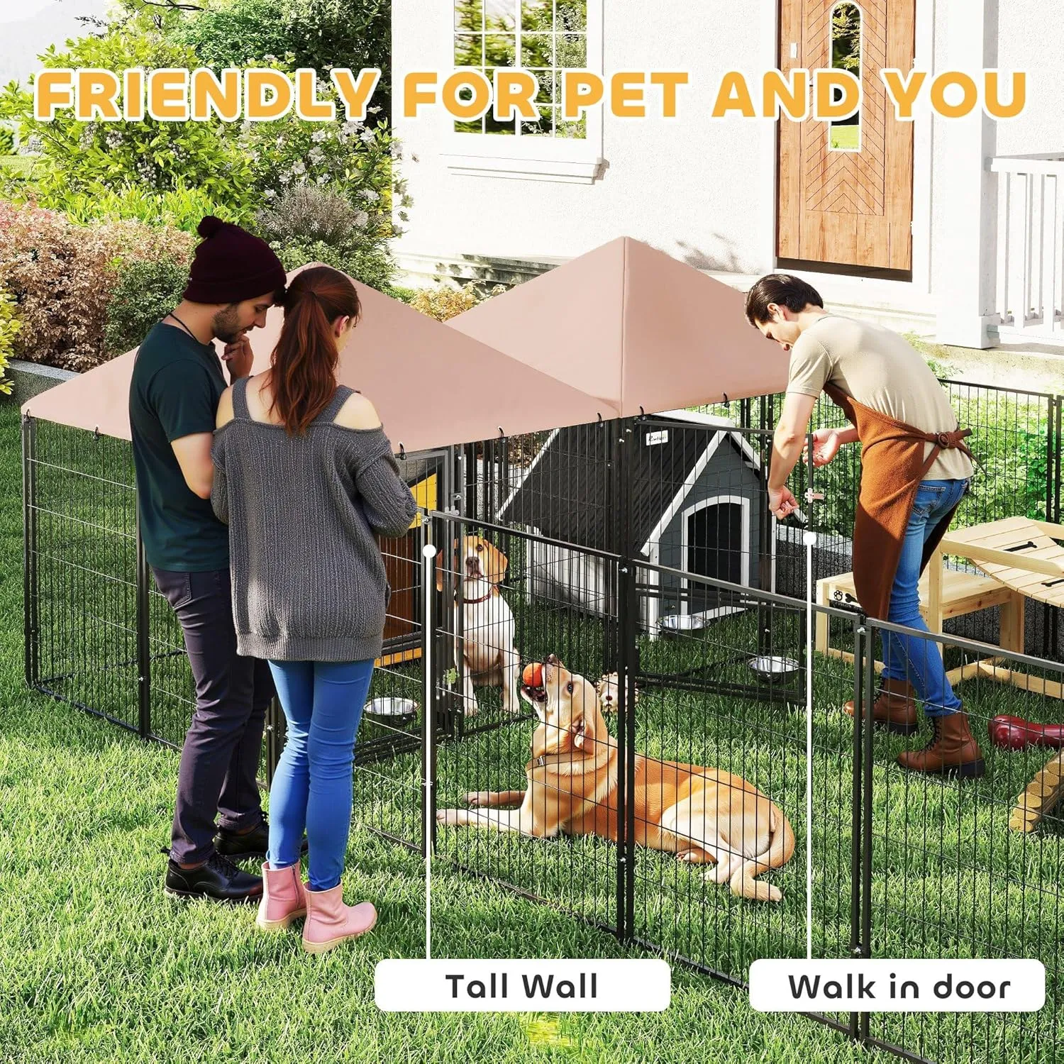 PawHut Dog Kennel Outside with 2 Rooms, Large Outdoor Dog Kennel Run with Rotating & Adjustable Height Bowls, Waterproof & UV-Resistant Canopy, Welded Wire Pet Enclosure Playpen, 13.5' x 9.4' x 5.1'