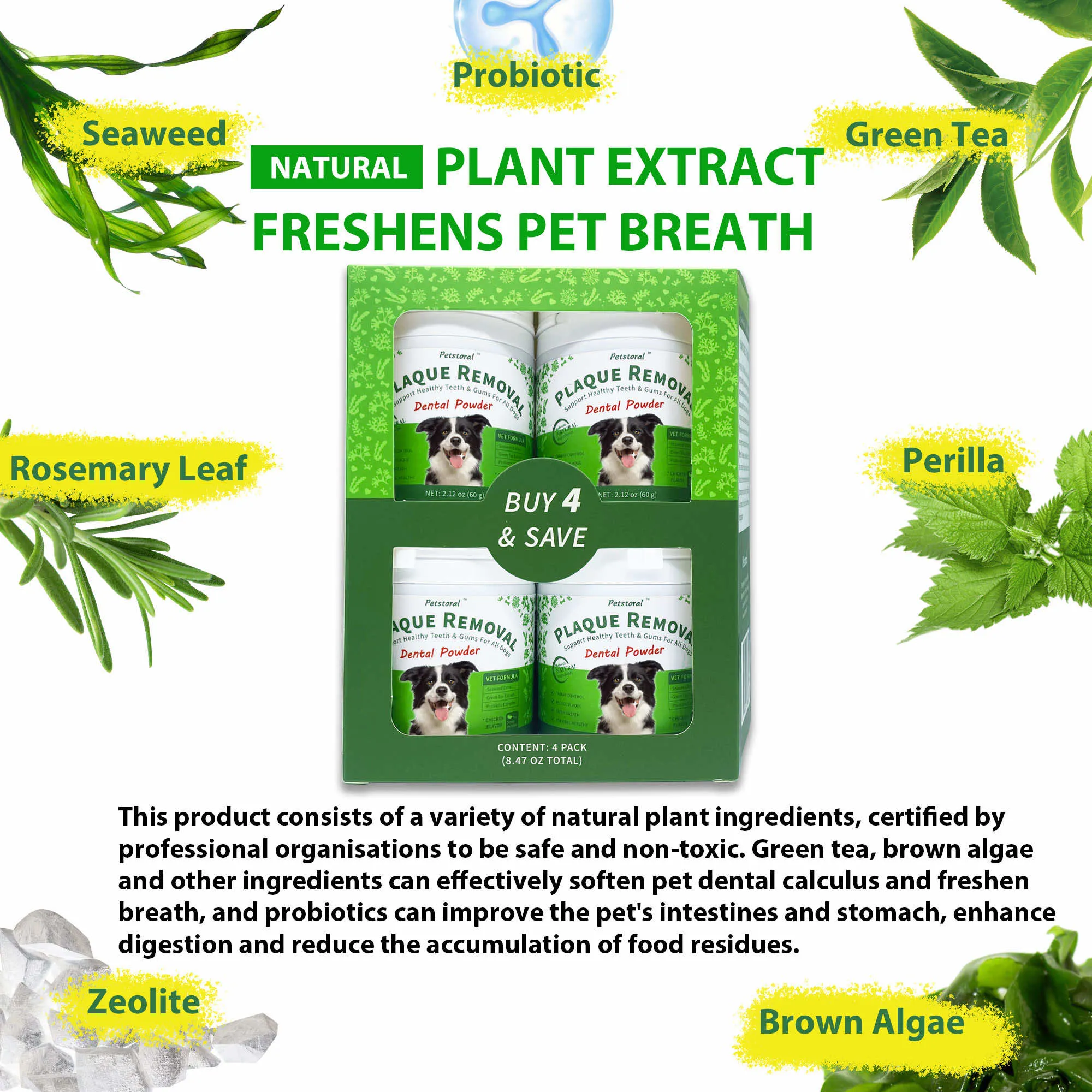 Plaque Removal Dental Powder 4-Pack, Dog Dental Care and Bad Breath Treatment, Dog Teeth Cleaning Powder for Healthy Teeth & Gums for All Dogs