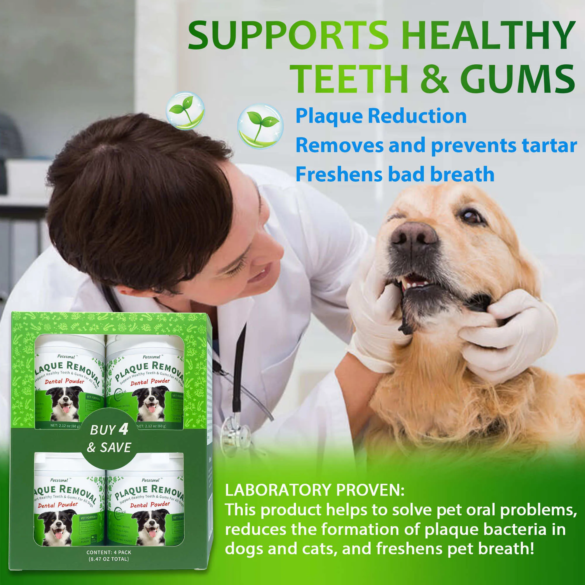 Plaque Removal Dental Powder 4-Pack, Dog Dental Care and Bad Breath Treatment, Dog Teeth Cleaning Powder for Healthy Teeth & Gums for All Dogs