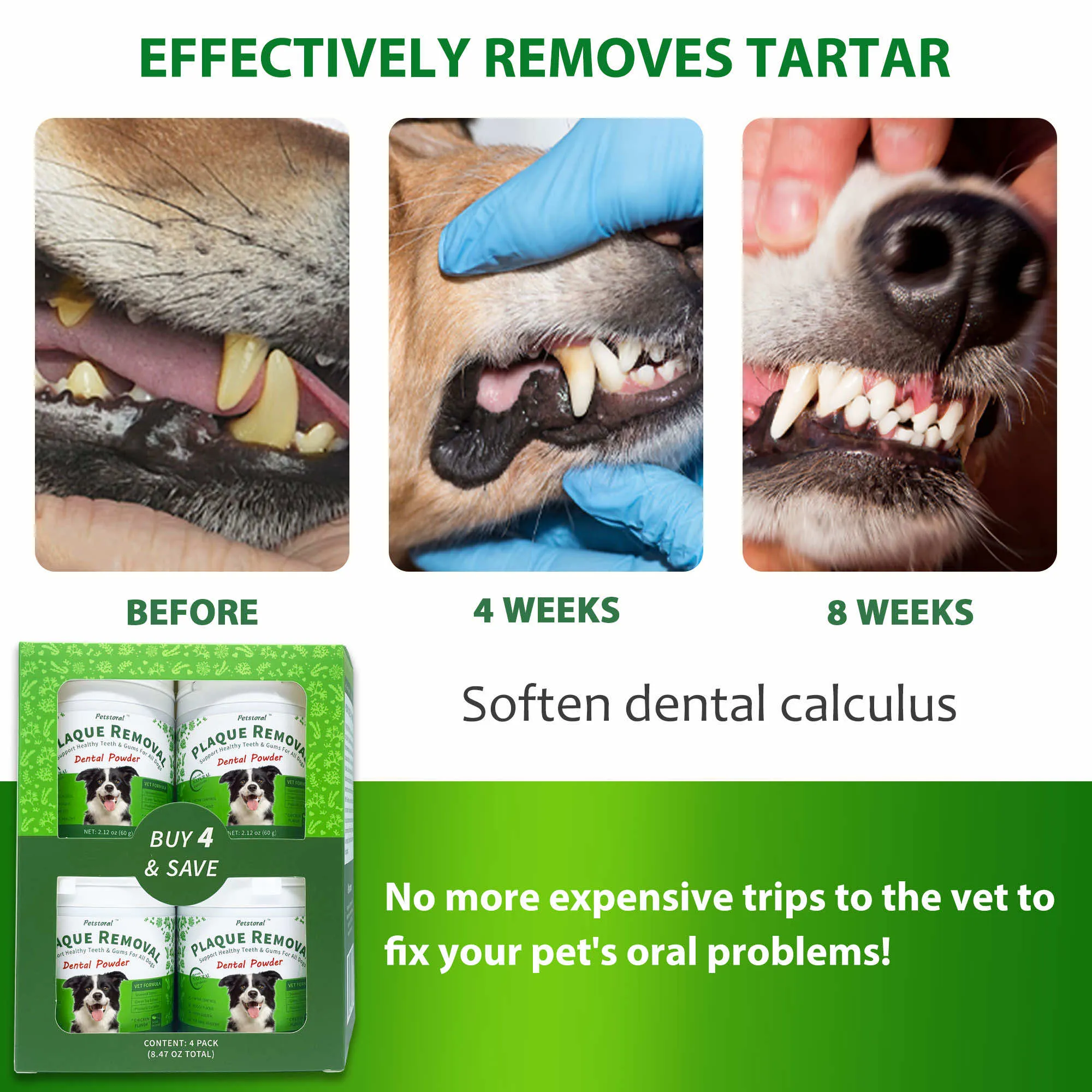Plaque Removal Dental Powder 4-Pack, Dog Dental Care and Bad Breath Treatment, Dog Teeth Cleaning Powder for Healthy Teeth & Gums for All Dogs