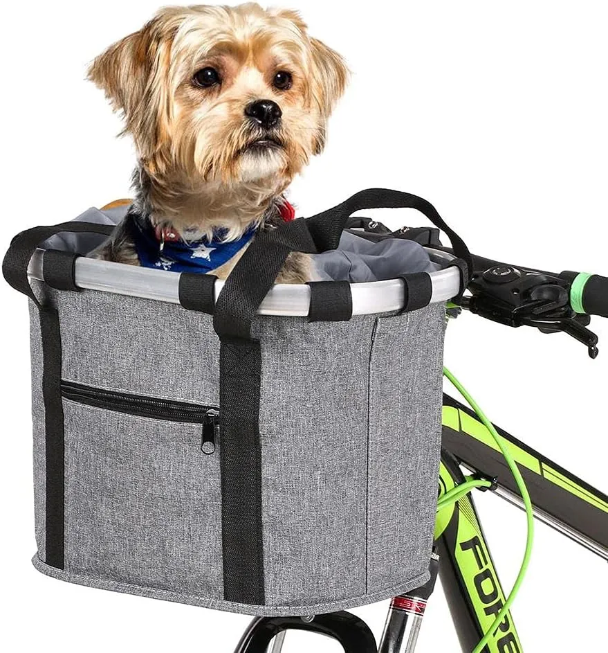 Shiker Bike Basket, Folding Small Pet Cat Dog Carrier Front Removable Handlebar Basket, Quick Release Easy Install Detachable Folding Picnic Shopping Bag, Gray Zipper
