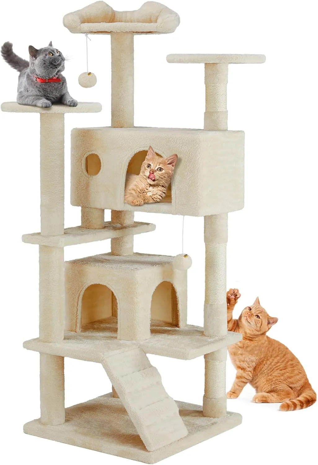 Sweetcrispy 54-Inch Cat Tree Tower  Multi-Level with Sisal Scratching Post, Perfect Pet Gift, Indoor Condo with Climbing Ladder, Plush Toy, and More Animal Stuff, Beige