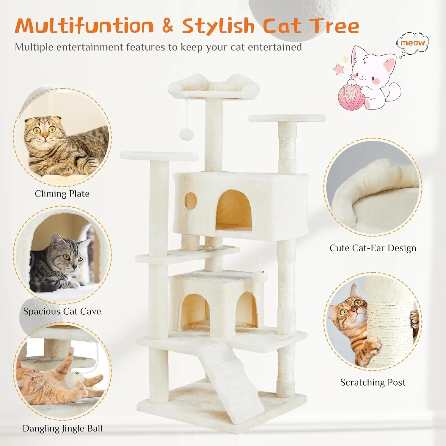 Sweetcrispy 54-Inch Cat Tree Tower  Multi-Level with Sisal Scratching Post, Perfect Pet Gift, Indoor Condo with Climbing Ladder, Plush Toy, and More Animal Stuff, Beige