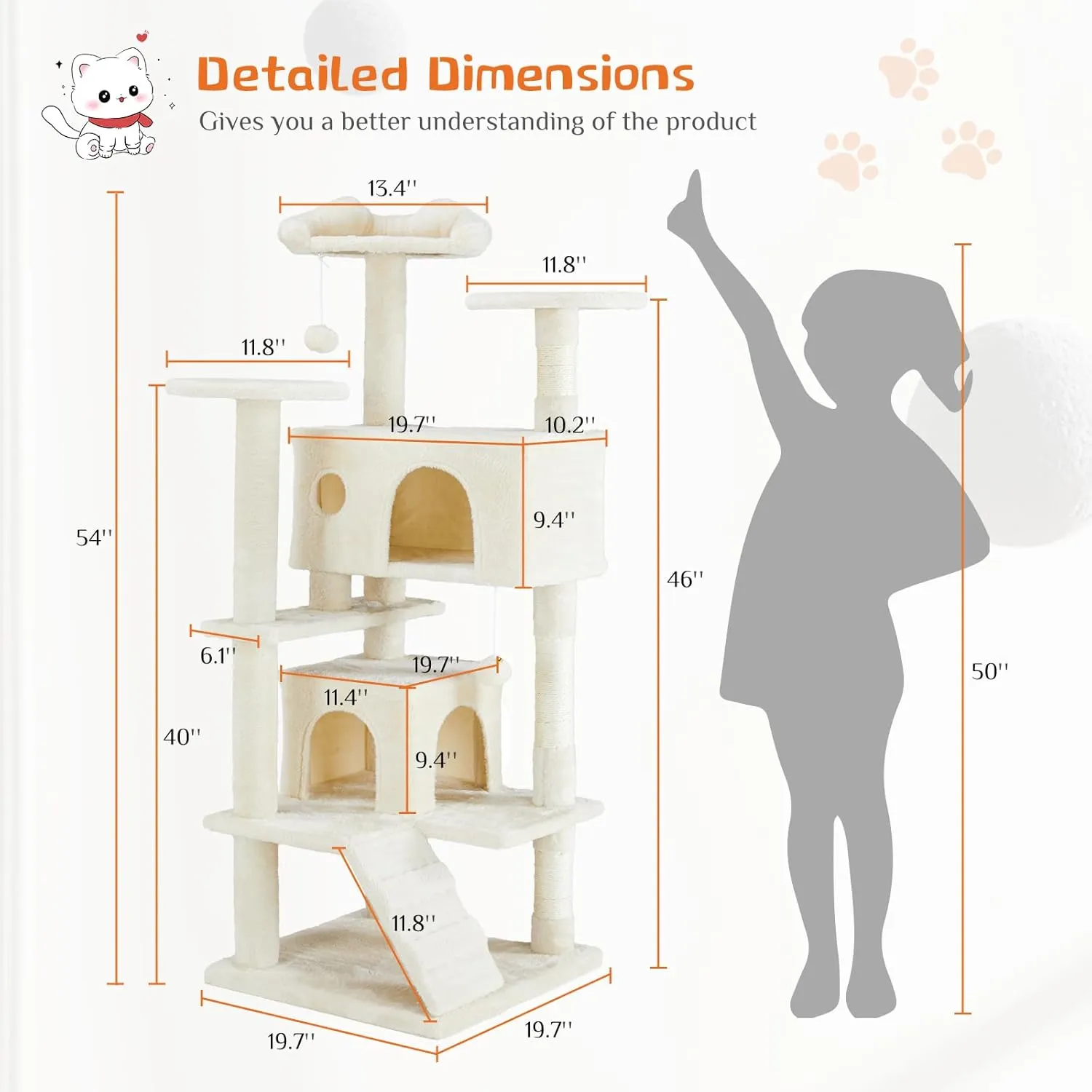 Sweetcrispy 54-Inch Cat Tree Tower  Multi-Level with Sisal Scratching Post, Perfect Pet Gift, Indoor Condo with Climbing Ladder, Plush Toy, and More Animal Stuff, Beige