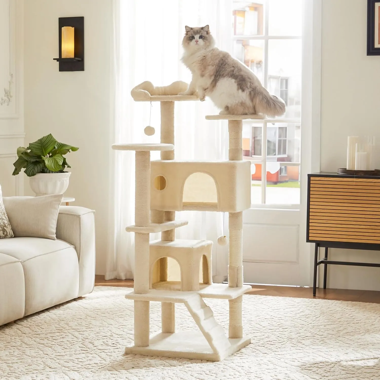 Sweetcrispy 54-Inch Cat Tree Tower  Multi-Level with Sisal Scratching Post, Perfect Pet Gift, Indoor Condo with Climbing Ladder, Plush Toy, and More Animal Stuff, Beige