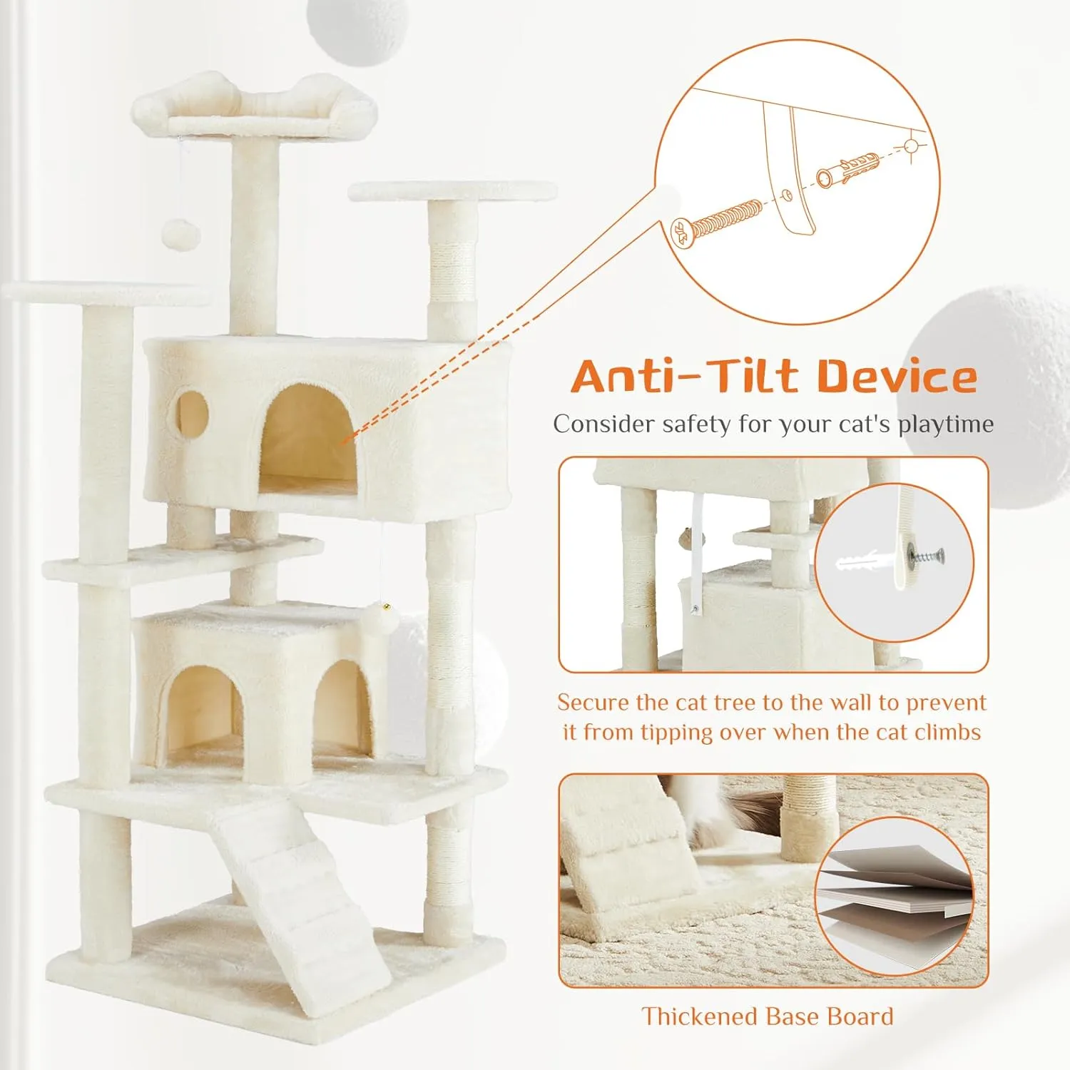 Sweetcrispy 54-Inch Cat Tree Tower  Multi-Level with Sisal Scratching Post, Perfect Pet Gift, Indoor Condo with Climbing Ladder, Plush Toy, and More Animal Stuff, Beige