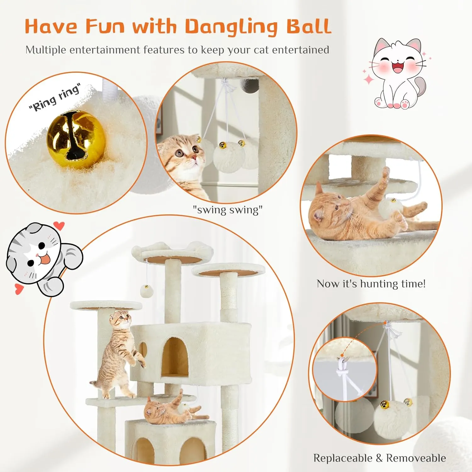Sweetcrispy 54-Inch Cat Tree Tower  Multi-Level with Sisal Scratching Post, Perfect Pet Gift, Indoor Condo with Climbing Ladder, Plush Toy, and More Animal Stuff, Beige