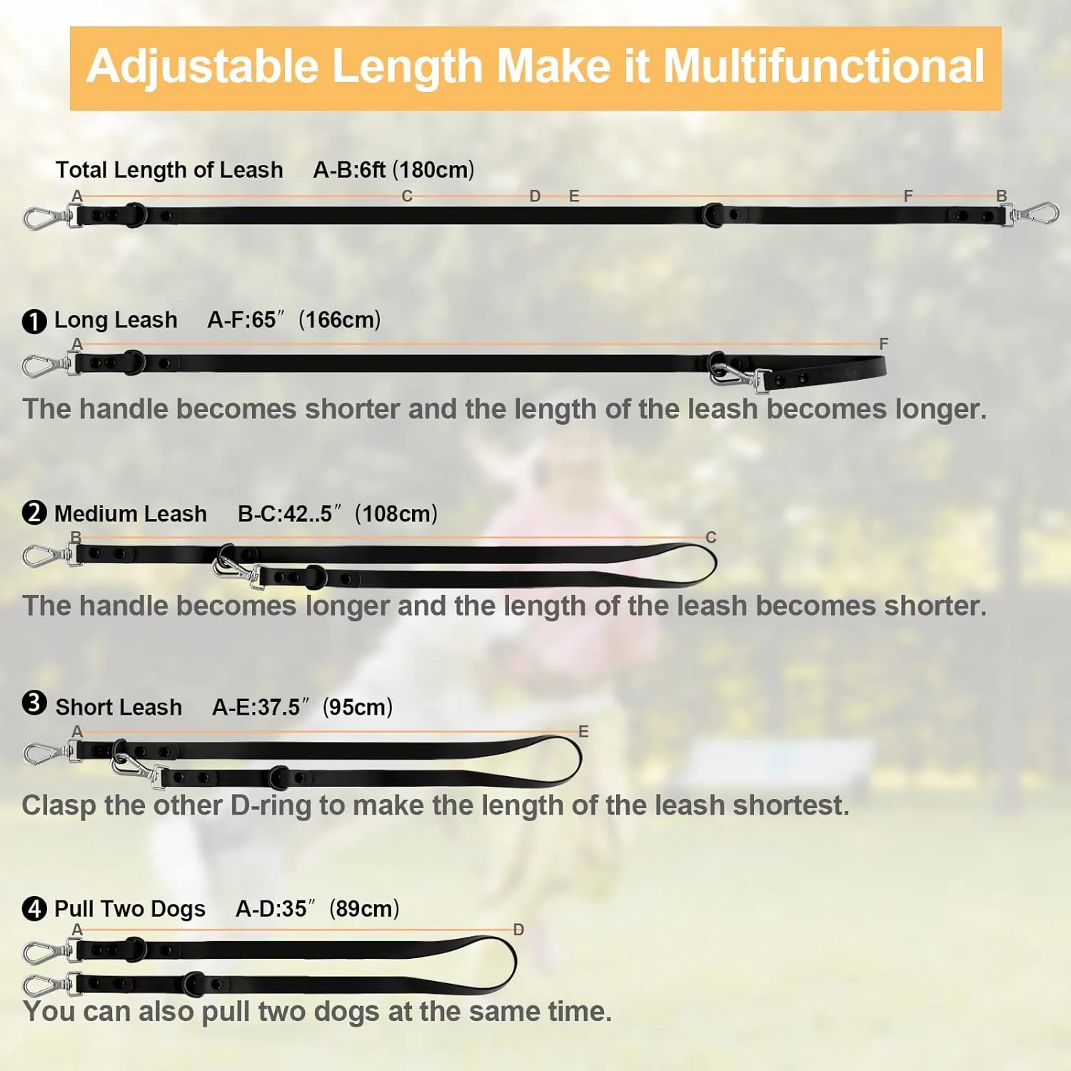 Wisedog Waterproof Standard Dog Leashes with 2 Hooks, 5 ft/ 6 ft Lengths, Adjustable for Traffic Control Safety, for Small, Medium & Large Dogs Walking (Black L)