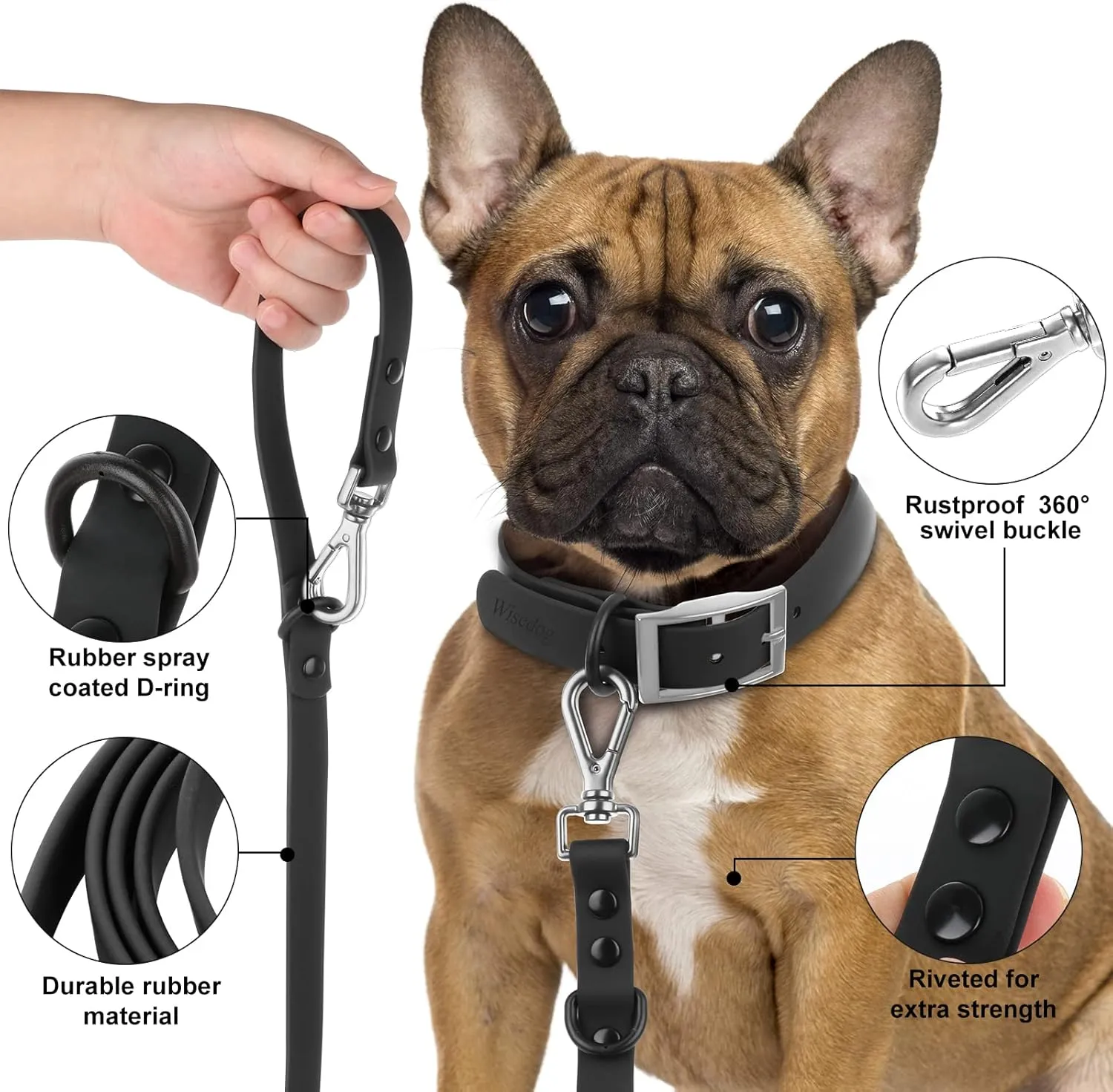 Wisedog Waterproof Standard Dog Leashes with 2 Hooks, 5 ft/ 6 ft Lengths, Adjustable for Traffic Control Safety, for Small, Medium & Large Dogs Walking (Black L)